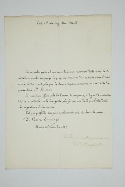 CARDINAUX
23 L.S., 1855-1869, au cardinal de Bonald, archevêque de Lyon; la plupart en latin ou italien. Filippo de Angelis (Fermo, 2), Giacomo Antonelli (2), Fabio Asquini (2), Benedetto Barberini (2), Luciano Bonaparte, Prospero Caterini (2), Gabriele Ferretti, Thomas Gousset (Reims), Gustave d'Hohenlohe (2), Antonio de Luca, Domnenico Lucciardi (Senigallia), Teodolfo Mertel, Giacomo Piccolomini, Domenico Savelli, Jan Szcitowski, Giuseppe Ugolini, etc