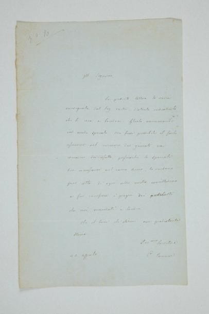Camillo Benso, comte CAVOUR (1810-1861) homme d'État italien
L.A.S., 21 avril; 1 page in-8; en italien. Chaleureuse recommandation de l'industriel Vertu qui se rend à Londres