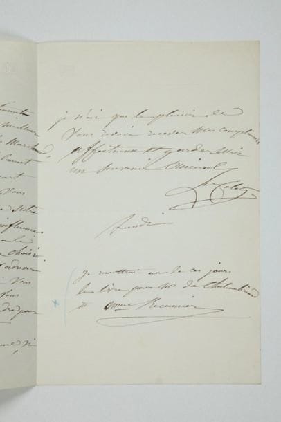 Louise COLET (1810-1876)
Femme de lettres. L.A.S., Lundi, à une dame; 3 pages in-8 à son chiffre. «Mon mari est au Conservatoire (d'où il ne reviendra que très tard) je vous répond donc pour lui et pour moi. Mme Didier m'a assurée hier que le livre de votre protégé avait été envoyé avec recommandation au National et qu'elle pensait qu'on en parlerait. Quant au groupe que vous désirez il se vend chez un mouleur rue St Benoît n° 8 près la rue Jacob, vous trouverez là un grand assortiment de statuettes, à beaucoup meilleur marché que chez les marchands de nouveautés. Dites seulement que vous venez de la part de Mr Pradier et l'on vous fera une grande remise»... Elle ajoute: «Je remettrai un de ces jours le livre pour Mr de Chateaubriand à Mme Récamier»