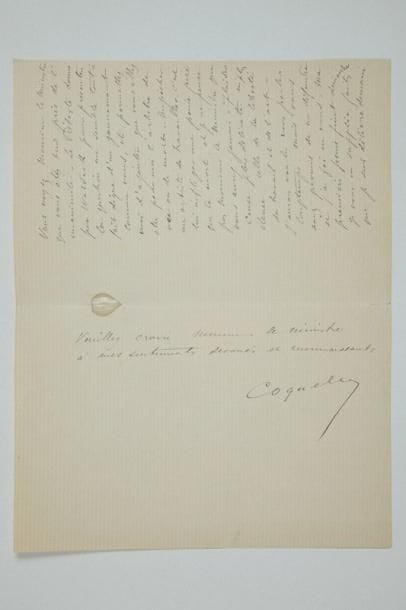 Constant COQUELIN aîné
L.A.S., [1896?, à Louis Barthou, ministre de l'Intérieur]; 2 pages et demie in-8. Au sujet de son procès avec la Comédie Française pour retrouver sa liberté d'acteur. Il est chargé par Waldeck-Rousseau de dire que «la poire était mûre, et devait être cueillie au Conseil de demain matin». Il énumère les ministres qui sont en sa faveur...Ils sont donc tout près de l'unanimité, et le prétexte donné par Waldeck pour présenter la question est digne d'un gouvernement: «vous allez être pour moi l'arbitre de vie ou de mort. Empêcher un artiste de travailler, c'est lui infliger une peine pire que la mort, et je ne pense pas [...] que vous aurez jamais à plaider cause plus délicate ni plus élevée, celle de la liberté du travail et de l'art»... On joint une L.A.S. de Waldeck-Rousseau à Louis Barthou, au sujet de l'affaire Coquelin et des manoeuvres de Claretie auprès de Rambaud; et une L.A.S. de Coquelin Cadet à Gustave Larroumet (10 septembre 1901, au sujet d'Aristide)