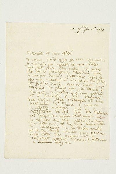 ARCHÉOLOGUES. 5 lettres ou pièces, la plupart L.A.S
Aubin-Louis Millin (1805 au libraire Molini à Florence, 1817 contestant l'interprétation d'une inscription sur un portail), Antoine Quatremère de Quincy (2, dont la nomination en 1824 de Mattei comme correspondant de l'Académie royale des Beaux-arts), Désiré Raoul-Rochette (à Visconti), Jean-Baptiste d'Ansse de Villoison (1779 à l'abbé Fortis)