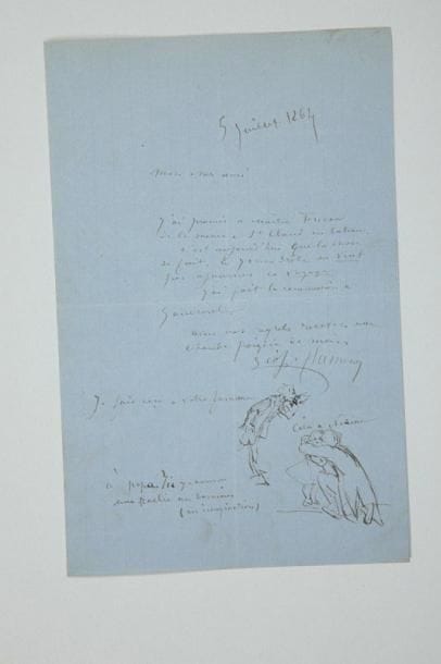Léopold FLAMENG (1831-1911) peintre et graveur
L.A.S. avec 2 dessins à la plume, [5 juillet 1864, à Philippe Burty]; 1 page in-8. «J'ai promis à Maître Fricou [son fils François] de le mener à St Cloud en bateau. [...] le jeune drôle ne veut pas ajourner ce voyage»... Sous sa signature, deux autoportraits légendés: Flameng faisant le baise-main («Je fais ceci à votre femme»), puis embrassant une fillette («ceci à Nérine»). «À papa Tic je donne une raclée au dominos (en imagination)». Anciennes collections Benjamin Fillon (n° 2065) puis Alfred Bovet (n° 1695)
