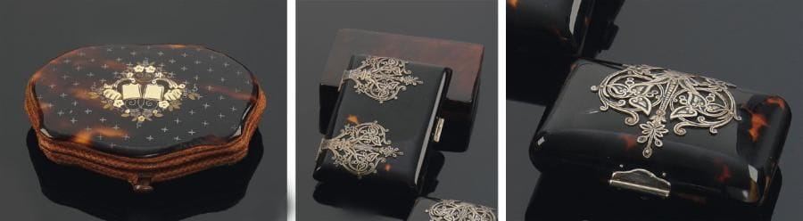 Lot de quatre boîtes, étuis ou porte-monnaie en écaille ou composition. Pourra être divisé.