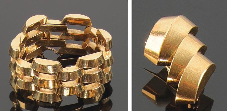 Bracelet et broche «Tank» en or jaune 14 k (585 millièmes) les maillons bombés. Vers 1940. Poids: 68 g