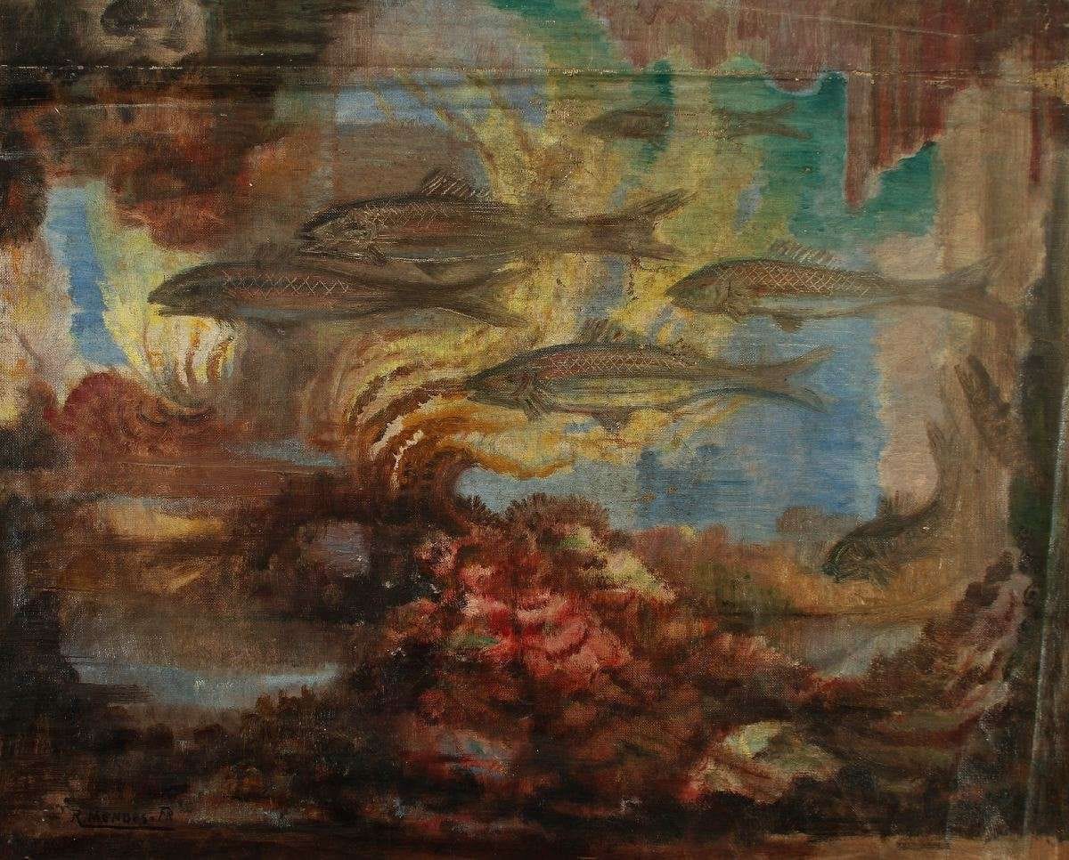 René MENDèS-FRANCE (1888 - 1985).  Les Poissons  Huile sur toile (non montée).  Signée en bas à gauche.  52 x 65 cm.  (accidents).  On joint : école Orientaliste. Bord de mer. Huile sur toile (non montée). 24 x 32 cm. (accidents).