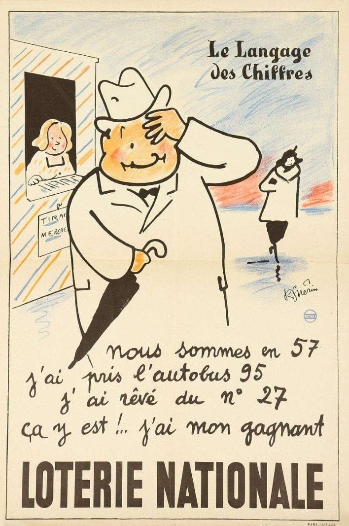 LOT DE QUATRE AFFICHETTES, R. GUERIN, Loterie Nationale, 60 x 40 cm.