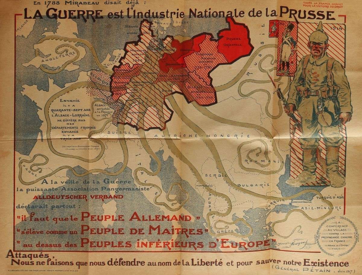 GUERRE 1914-1918. Maurice NEUMON, la guerre est l’industrie nationale de la Prusse. Pliée, non entoilée. On joint : Etats-Unis, nous sommes frères dans la même cause. Pliée, non entoilée