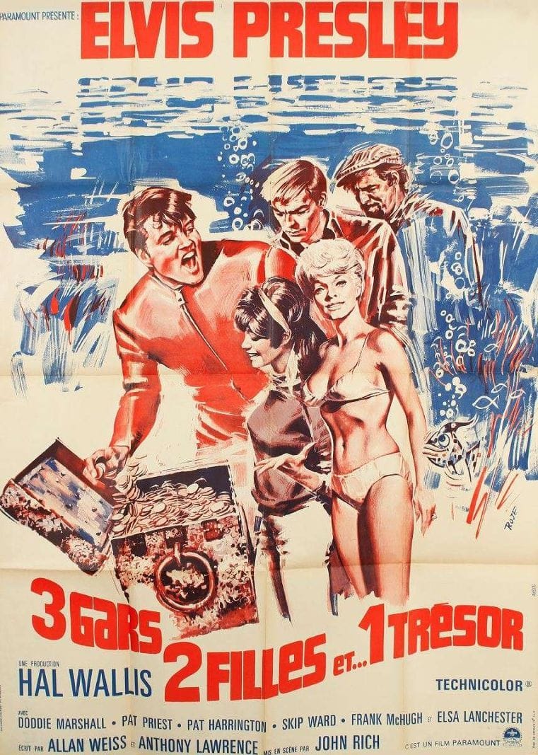 Elvis PRESLEY, Trois gars, deux filles et un trésor. 160 x 120 cm. Pliée, non entoilée.  On joint : MASCII, King Creole avec Elvis Presley.  Pliée, non entoilée.