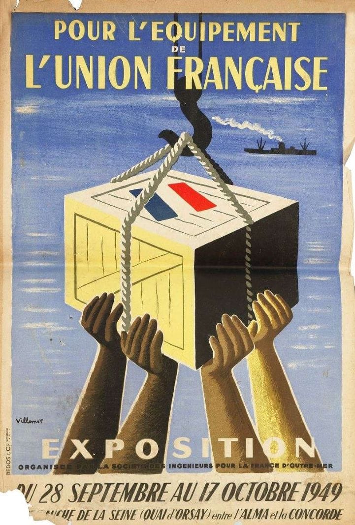 LOT DE SIX AFFICHES VILLEMOT, Pour l’équipement de l’union Française, exposition 1949. 60 x 40 cm.  (déchirures, manques).