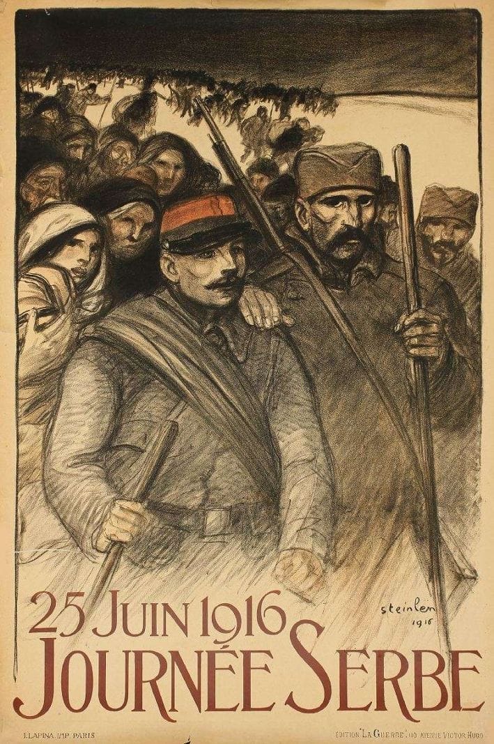 AFFICHES D’EMPRUNT DE LA PREMIèRE GUERRE MONDIALE Toutes ces affiches sont très fraîches de couleurs, avec les problèmes de marges d’usage, sauf indication contraire elles sont toutes au format 80 x 120 cm. T. STEINLEN.  Journée serbe - 25 juin 1916.  (une déchirure).