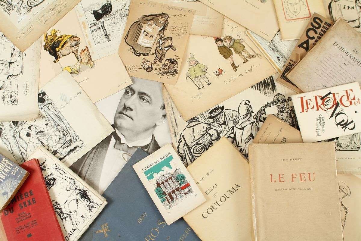 LOT DE LIVRES VARIA dont :  Pierre Mac Orlan, Essai sur Coulouma, illustré par Decaris, numéroté 121, 1945. Elsa Triolet, Le mythe de la baronne Mélanie, illustré par Matisse, numéroté 2194, Paris 1945. Henri Barbusse, Le feu, illustré par Renefer, numéroté 231, Paris 1918. Maria de Maglowska, la lumière du Sexe, rituel d’initiation Satanique, Paris 1922, etc... 
