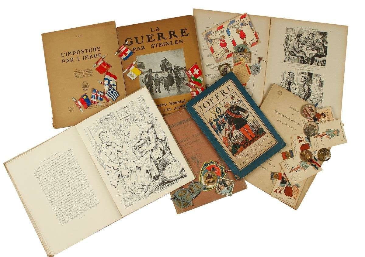 GUERRE 1914-1918. Lot de divers ouvrages dont :  - Paul GERALDY, La guerre madame..., illustré par Bernard Naudin, Paris 1916. Envoi. - Emplacement des troupes de l’armée française, 1er mai 1914. - L’imposture par l’image, Payot, 1917. Recueil de gravures falsifiées et calomnieuses publiées par la presse illustrée austro-allemande pendant la guerre. - Germania, les allemands peints par eux-mêmes, 1916 (manque la couverture). - Henri Bérenger, Résurrections italiennes, 1911, illustré par Eugène Grasset. - L’Art et les Artistes, La guerre par STEINLEN, numéro spécial, 1918. - Joffre, illustré par Guy Arnoux, Société Littéraire de France.