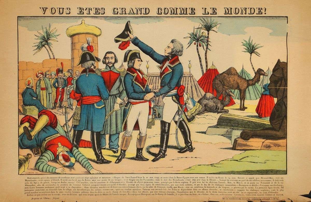 IMAGERIE D’éPINAL. Bonaparte en Egypte, La conquête de l’Algérie,  Napoléon aux pyramides, La bataille des pyramides (Signée Georgin), Vous êtes grands comme le monde (signée Georgin), Bombardement et prise d’Alger, Prise de Constantine, Défense héroïque de Mazagran, Soumission d’Abd El Kader.  Ensemble de 7 planches sur papier mince. Environ 42 x 64 cm chaque. (défauts, manques et salissures).