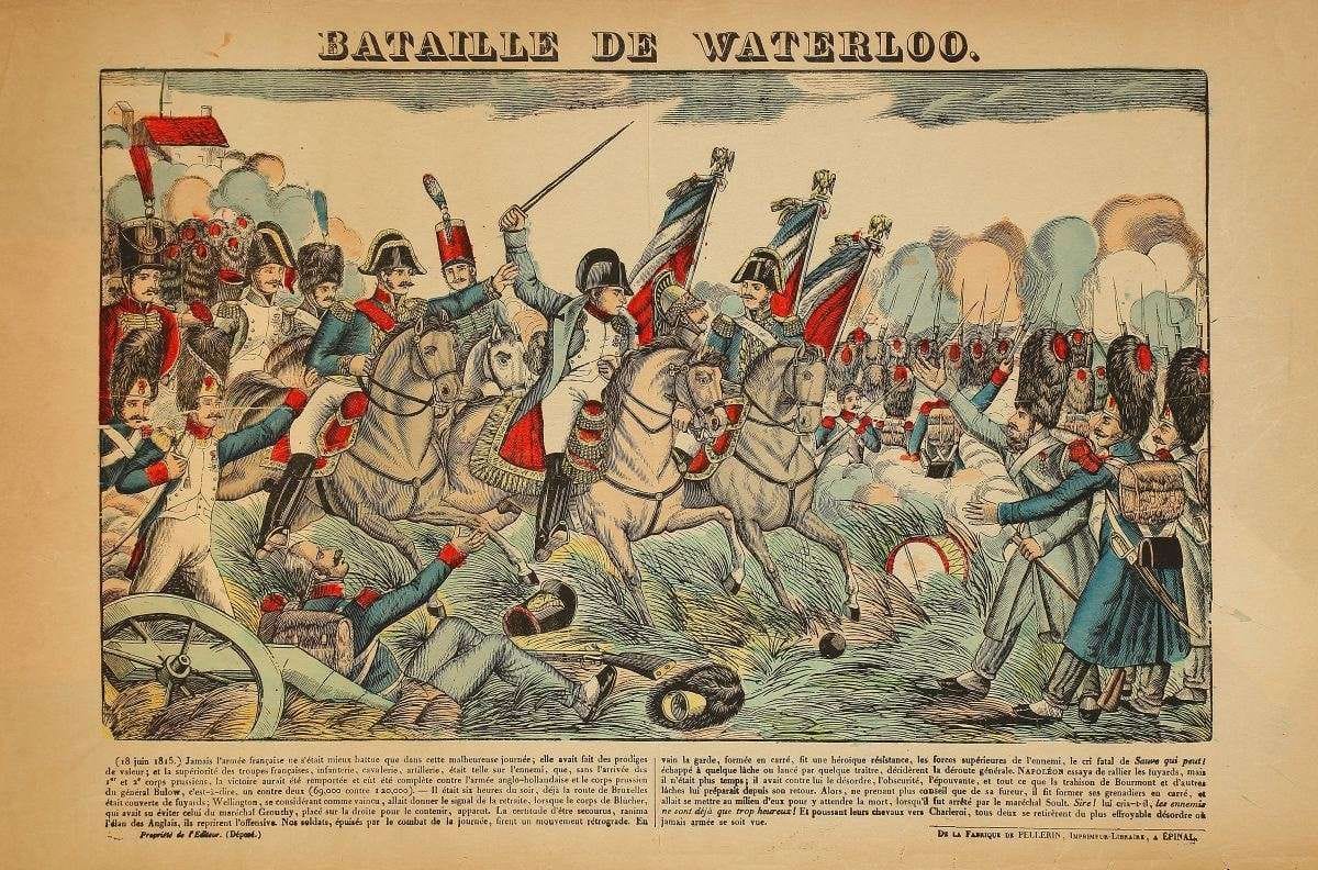 IMAGERIE D’éPINAL. De la Bérézina à Saint Hélène et retour des cendres. Combat des polonais contre les russes, Passage de la Bérézina, Napoléon à Arcis-sur-Aube, Bataille de Waterloo, Les adieux de Fontainebleau, Derniers moments du Maréchal Duroc, Le retour de l’Ile d’Elbe, Entrée de Napoléon à Grenoble, Napoléon à Montereau, Chacun son métier, Débarquement de Napoléon, Napoléon à Sainte-Hélène, Bataille de Fleurus. Ensemble de 12 planches sur papier mince. Environ 42 x 64 cm chaque. (défauts, manques et salissures).