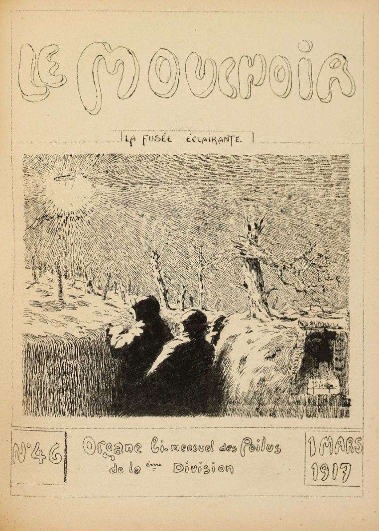 REVUES DE LA PREMIèRE GUERRE MONDIALE :  1er volume: LA ROULANTE. Organe du 369e SP 84. Exceptionnel et rarissime journal de poilus, n°1 (28 juillet 1916) illustré par Bils, Dujardin ... du n°1 à 15.  - LE CANARD DU PèRE HILARION, Organe des poilus qui y sont, du n°1 (16 février 1916) au numéro 8 (25 juillet 1916).  - L’EXPLOSIF n°1 (30 mai 1916) au n°17 ( mai 1917).  - L’éCHO DU RAVIN, LA GUERRE JOVIALE : un numéro de chaque. - LE KLAXON, journal humoristique, fantaisiste et mondain des tranchées n°3 ( mai 1916), 4, 5, 9, 10, 11, 12, 13, 14 (1er février 1917).  Deuxième volume: - LE MOUCHOIR du n°1 (14 novembre 1915) au n°56 (15 janvier 1918), un volume, avec supplément. - Deux volumes de journaux des tranchées d’une exceptionnelle rareté.