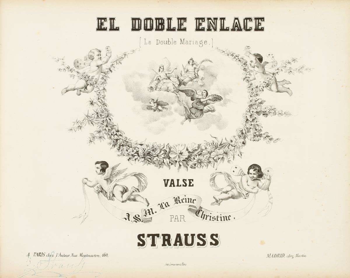 MUSIQUE. 3 recueils de pièces pour piano. J. Strauss, recueil de 4 valses à l’occasion des mariages espagnols : El Doble Enlace, El Besamanos, Luisa Wals, La Madrilena (chez l’Auteur, [1846]). Édouard Wolff, 6 Mélodies caractéristiques pour piano, dédiées à M. le Prince de la Moskowa, op. 60 (E. Troupenas, cartonnage d’éditeur, lithographies par F. Sorrieu). Album factice de 6 pièces par A. Le Carpentier, V. Lazard, J. Strauss. On joint 2 partitions (couv. illustrées) de J. Desky et F. Lehar.