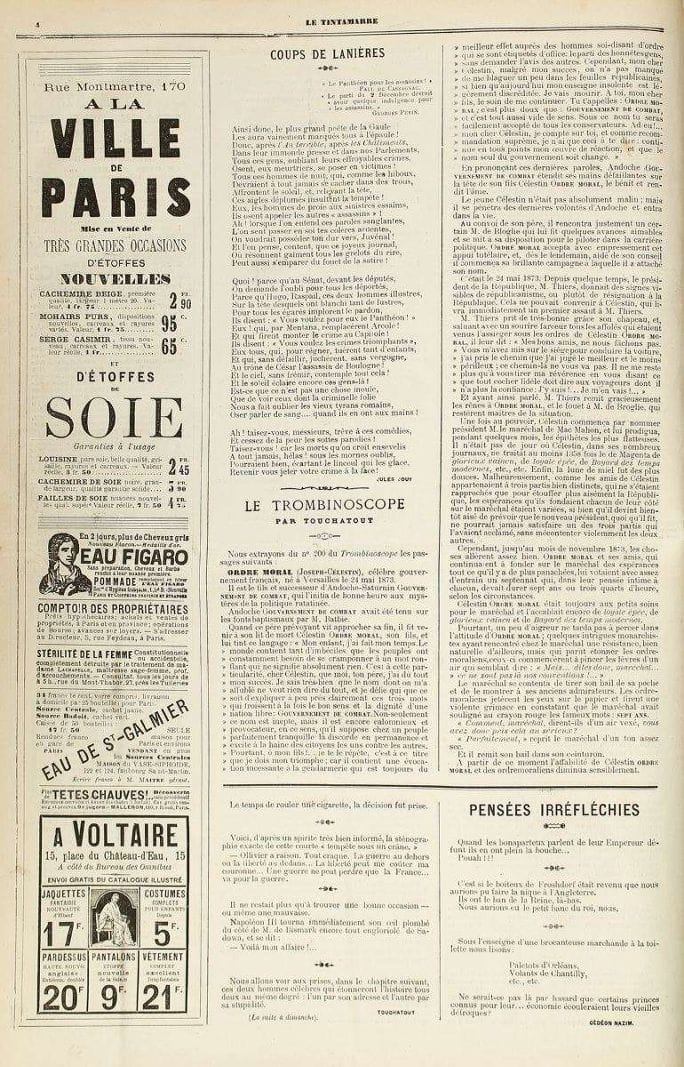 Charles BIENVENU, Le Tintamarre.  Trente cinquième année. Du dimanche 30 avril 1876 au dimanche 31 décembre 1876. Un volume. Trente cinquième et trente sixième année. Du dimanche 7 janvier 1877 au dimanche 30 décembre 1877. Un volume. Trente septième année. Du dimanche 6 janvier 1878 au dimanche 29 décembre 1878. Un volume Trente huitième année. Du dimanche 5 janvier 1879 au dimanche 23 décembre 1879. Un volume. Trente neuvième année. Du dimanche 4 janvier 1880 au 26 décembre 1880. Rédacteur puis propriétaire du Tintamarre, Léon Charles Bienvenu, dit touche à tout, devient célèbre par la publication de l’Histoire de France Tintamarresque qu’il commence en feuilletons dans l’hebdomadaire, et son trombinoscope où l’on trouve la plupart des personnalités contemporaines.  «Personne ne possède à un plus haut degré l’art d’assomer les gens en ne leur laissant même pas la satisfaction de lui en vouloir tant c’est fait avec bonne humeur» (Album Mariani).  