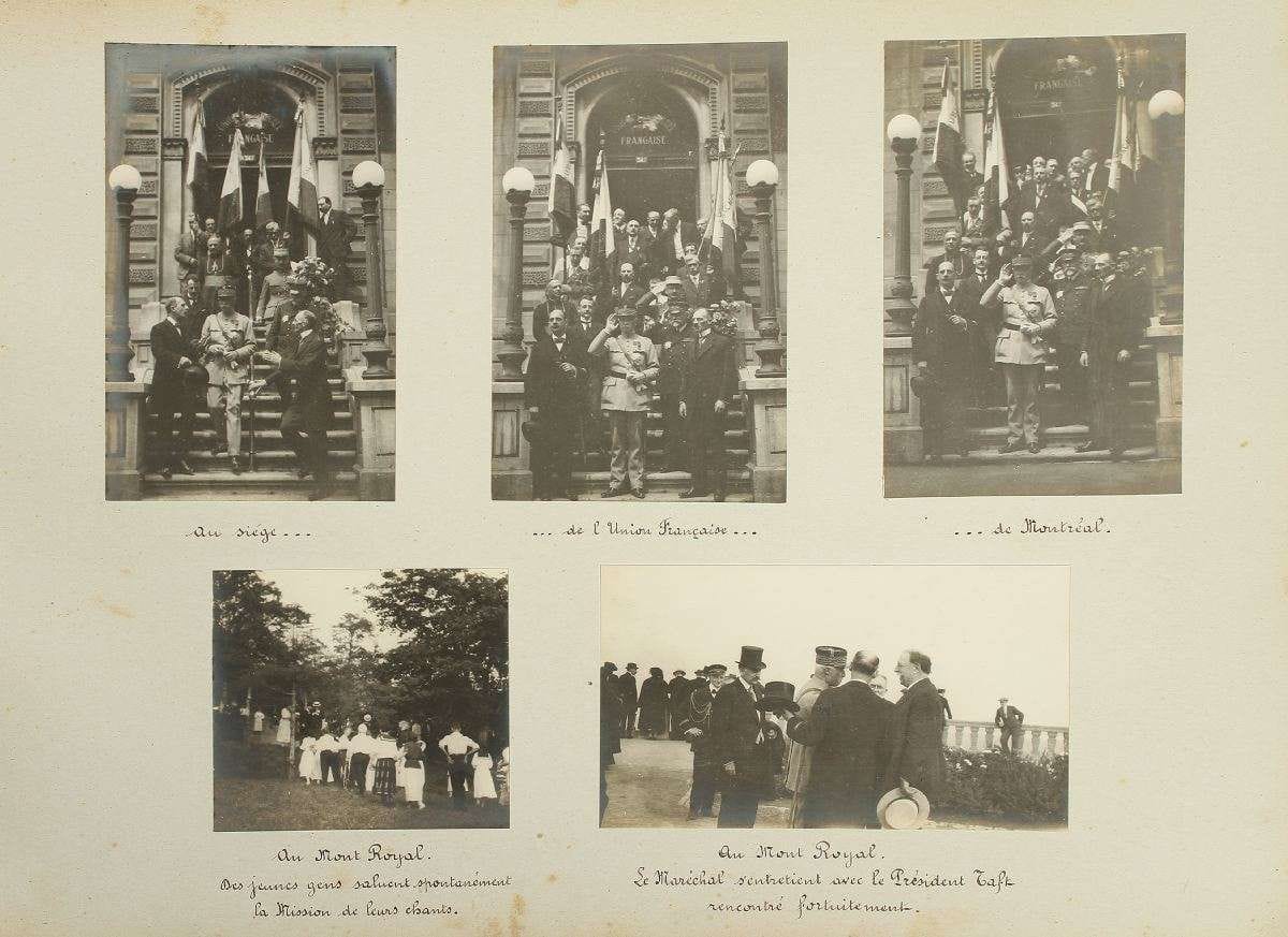 MISSION FRANCE-AMéRIQUE AU CANADA (15 Juin - 14 Juillet 1921).  Traversée à bord du Paris. New York. Montréal. Québec. Ottawa. Toronto. Chutes du Niagara.  Album officiel oblong, titré en lettres dorées sur le premier plat, contenant 100 épreuves argentiques d’époque. Légendes manuscrites à l’encre sur les supports. Format des épreuves : 9 x 14 cm.