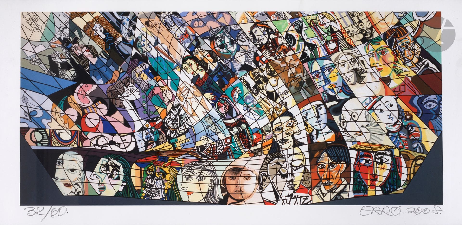 Erró (Guðmundur Guðmundsson, dit) (islandais, né en 1932) 
Hommage à Picasso. 2008. Offset. À vue : 775 x 375. Impression en couleurs. Très belle épreuve sur vélin blanc, numérotée, signée et datée au crayon. Toutes marges. Tirage à 60 épreuves. Cadre.