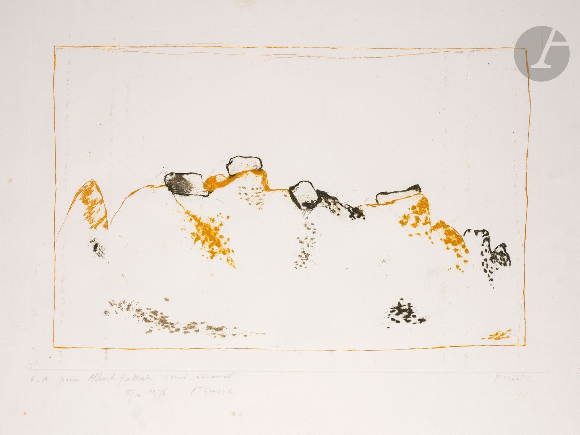 Zoran Mušič (Italian-Slovenian, 1909-2005) 
Italian landscape. 1969. Drypoint. On view: 645 x 485. Frélaut 140. color print (black and mustard yellow). Very nice proof on white vellum, justified "E.A" and signed in pencil, then dedicated "to Albert Yattah cordially / 5 III 1976" and resigned. Annotation along the edge of the sheet in the lower margin: "Italian landscape drypoint 1968". Some light foxing. All margins. Final edition of 100 proofs. Meneghini, Venice, ed. Cadre.