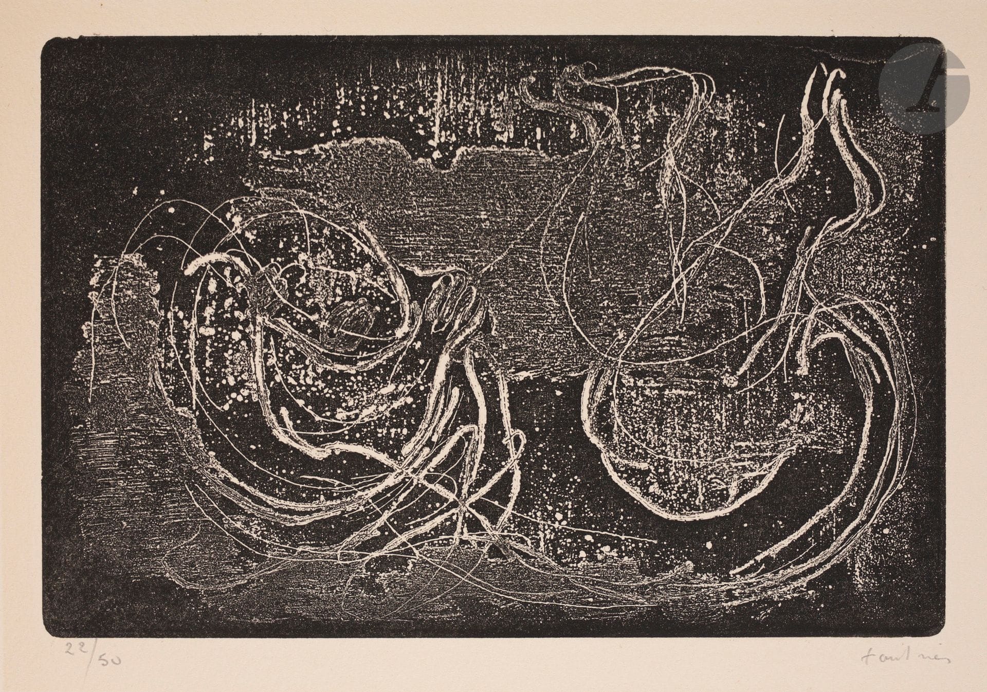 Jean Fautrier (1898-1964) 
Lying Woman II. 1941. Etching and aquatint (letterpress printing). 220 x 145. Mason 253. Very nice proof on Auvergne ivory laid paper, numbered and signed in pencil, from the Couturier edition (circa 1960) at 50 proofs. Very clear trace of oxidation at the opening of the mat. All margins.