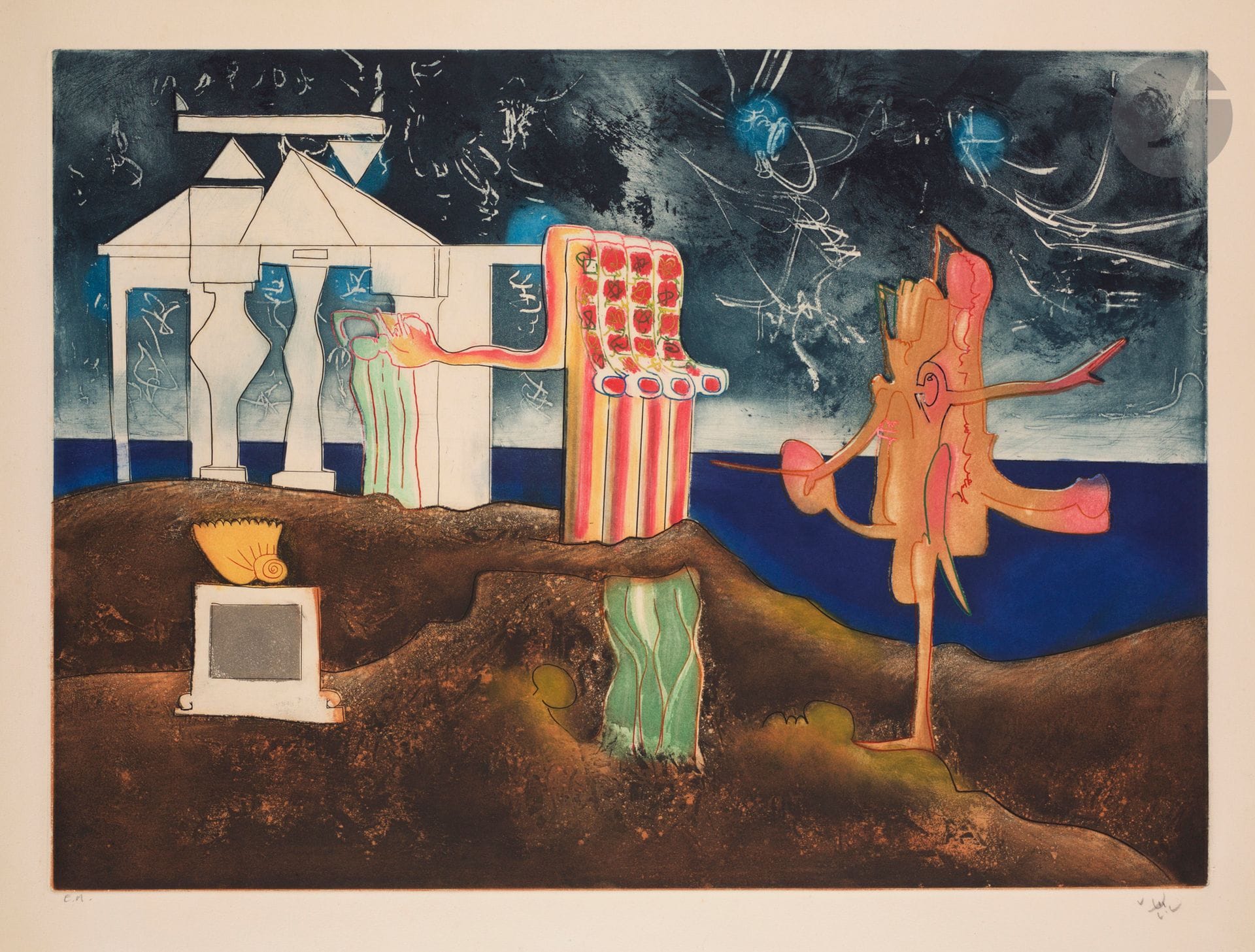 Roberto Matta (chilien, 1911-2002) 
12 P.M. (Midi). (Pl. 9 de l’album L’Arc obscur des heures, Chiasso, Multiplicata S.A. éd., 1975). Eau-forte et aquatinte. 700 x 505. Ferrari 113. Impression en couleurs. Très belle épreuve sur vélin ivoire, revêtue d’une annotation « EA » et d’une signature au crayon (non garanties). Oxydation du feuillet et rousseurs claires. Court pli cassé en marge gauche. Toutes marges. Tirage total à 125 épreuves.