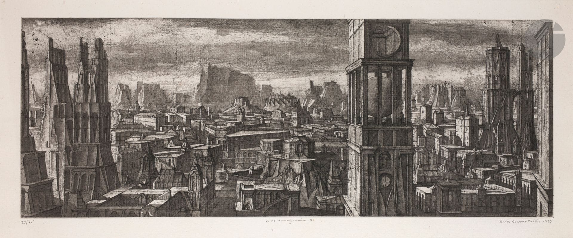Érik Desmazières (born 1948) 
Ville imaginaire II. 1999. Etching and aquatint. 473 x 173. Fitch 171. Perfect proof on old Perrigaud laid paper, numbered, titled, signed and dated in pencil. All margins. Edition of 75 proofs. Framed.