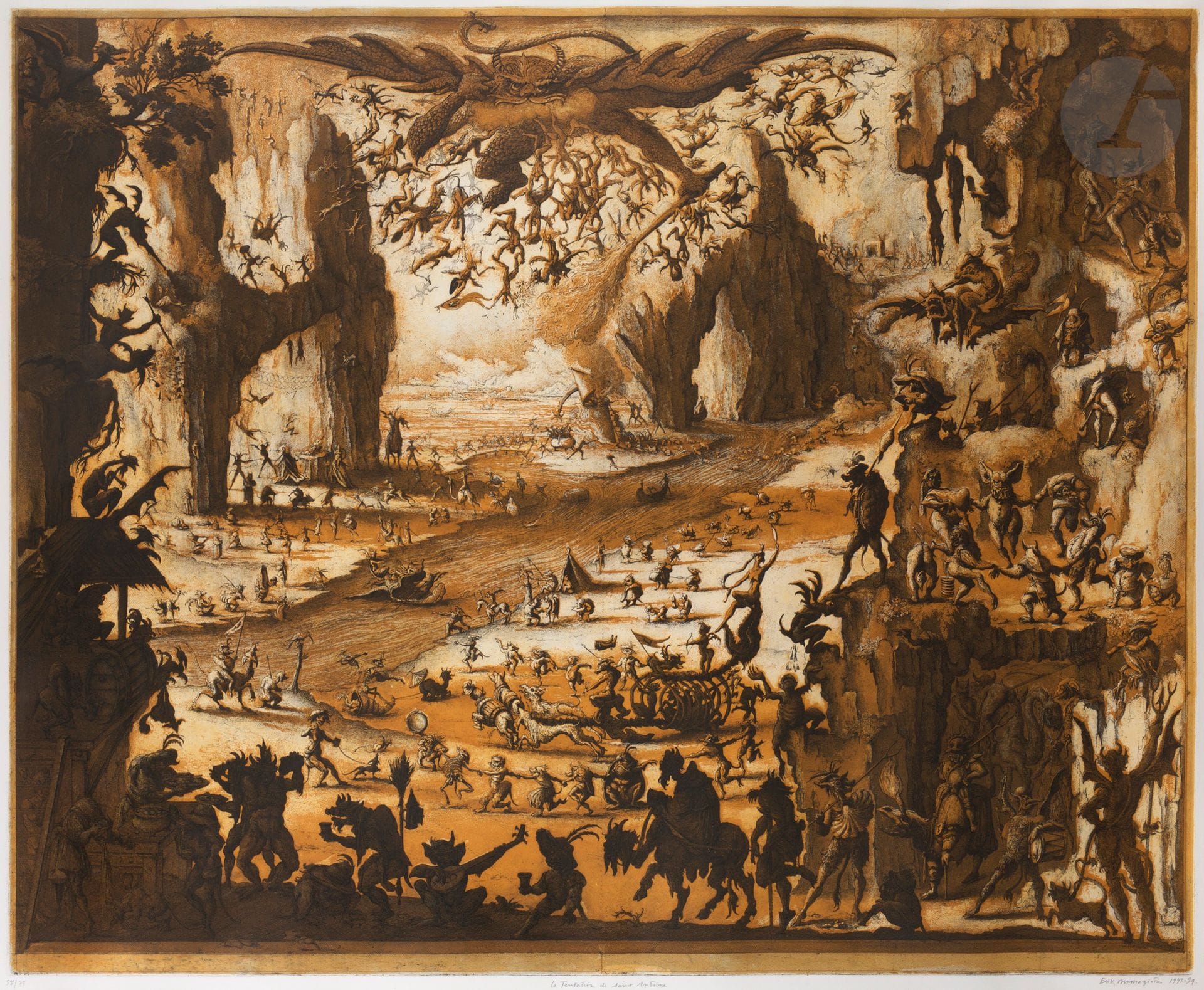 Érik Desmazières (né en 1948) 
La Tentation de saint Antoine. 1993-1994. Eau-forte, aquatinte et roulette. À vue : 945 x 770. Fitch 141. Impression en couleurs (noir et ocre). Très belle épreuve sur vélin blanc, numérotée, titrée, signée et datée au crayon. Toutes marges. Tirage à 75 épreuves. Cadre.