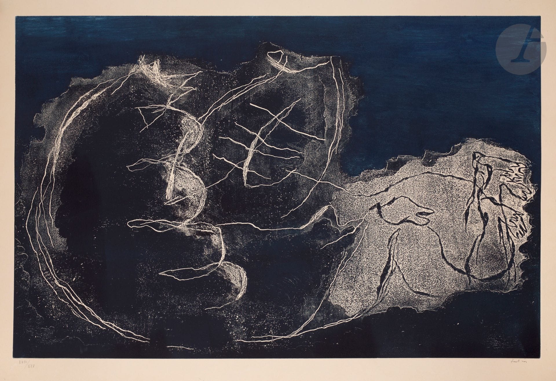 Jean Fautrier (1898-1964) 
Woman in the night. 1947. Etching and aquatint. 830 x 542. Mason 203. Printed in night blue. Very nice proof on ivory vellum, one of the 25 numbered in roman numerals, signed in pencil, from the Couturier edition (circa 1960) at 50 proofs. Tiny tear at the head of the sheet. All margins.