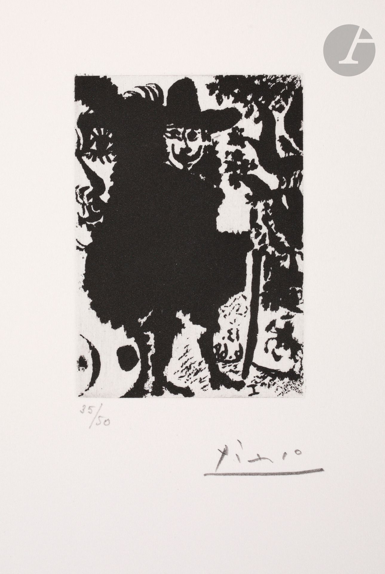 Pablo Picasso (1881-1973) 
Young woman and old husband. In the distance the lover... (The 347, pl. 155). June 13, 1968. Sugar aquatint. 60 x 82 [250 x 325]. Bloch 1635; Baer 1651 B b 1. Perfect proof on cream vellum, numbered and signed in pencil. All margins untrimmed. Edition of 50 proofs. Galerie Louise Leiris ed. 1969.


Succession Picasso 2023