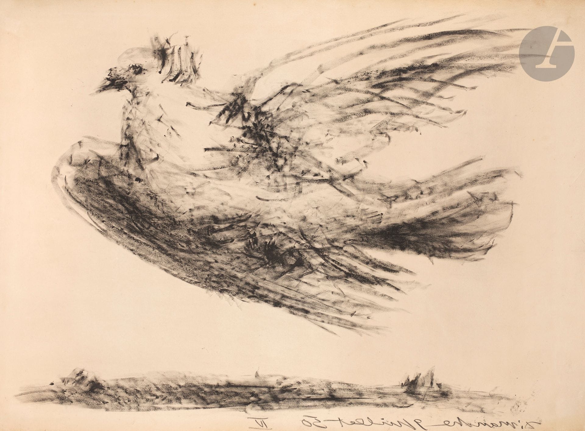 Pablo Picasso (1881-1973) 
The Dove in Flight. 1950. Zincography. The sheet: 763 x 565. Bloch 679; Mourlot 193; Güse-Rau 507. Nice proof on ivory vellum, neither signed nor numbered. Traces of glue, visible epidermal marks and small restorations to the edges of the sheet on the reverse, including a small loss to the upper edge of the sheet. Minor accidents on the edges. All margins. Final edition of 50 proofs.

 It is this 4th state of the zinc (see Mourlot 191 to 193) that was chosen to be transposed into a poster by means of a transfer on stone of this zinc.

Succession Picasso 2023