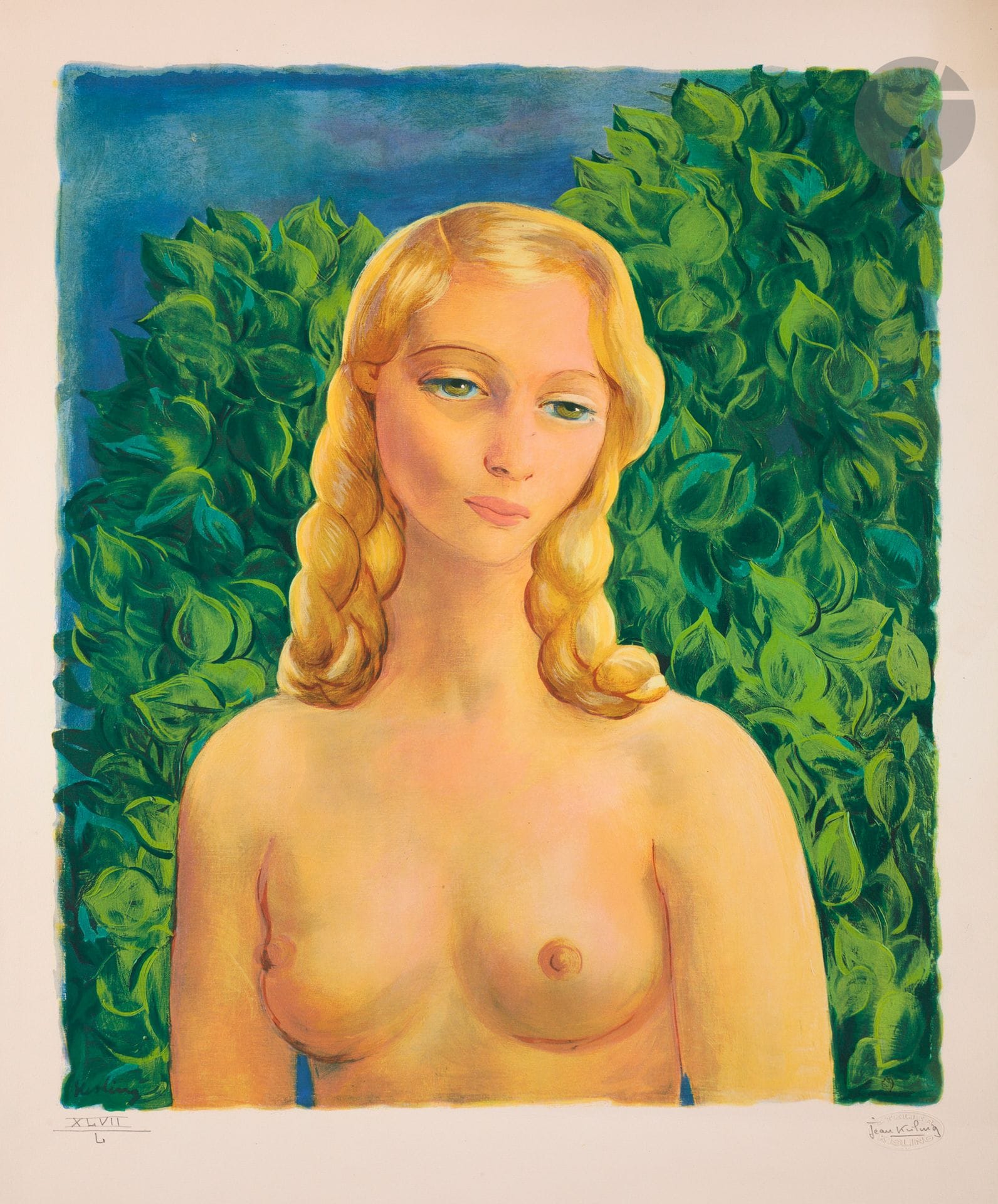 Moïse Kisling (1891-1953) 
Nu féminin (Ève). 1951. Lithographie. 470 x 550. Impression en couleurs. Très belle épreuve sur vélin, l’une des 50 numérotées en chiffres romains, revêtue du timbre sec de l’atelier et signée au crayon par Jean Kisling, fils de l’artiste. Légère oxydation marginale. Légères traces de plis aux bords du feuillet. Toutes marges. Tirage total à 200 épreuves.
