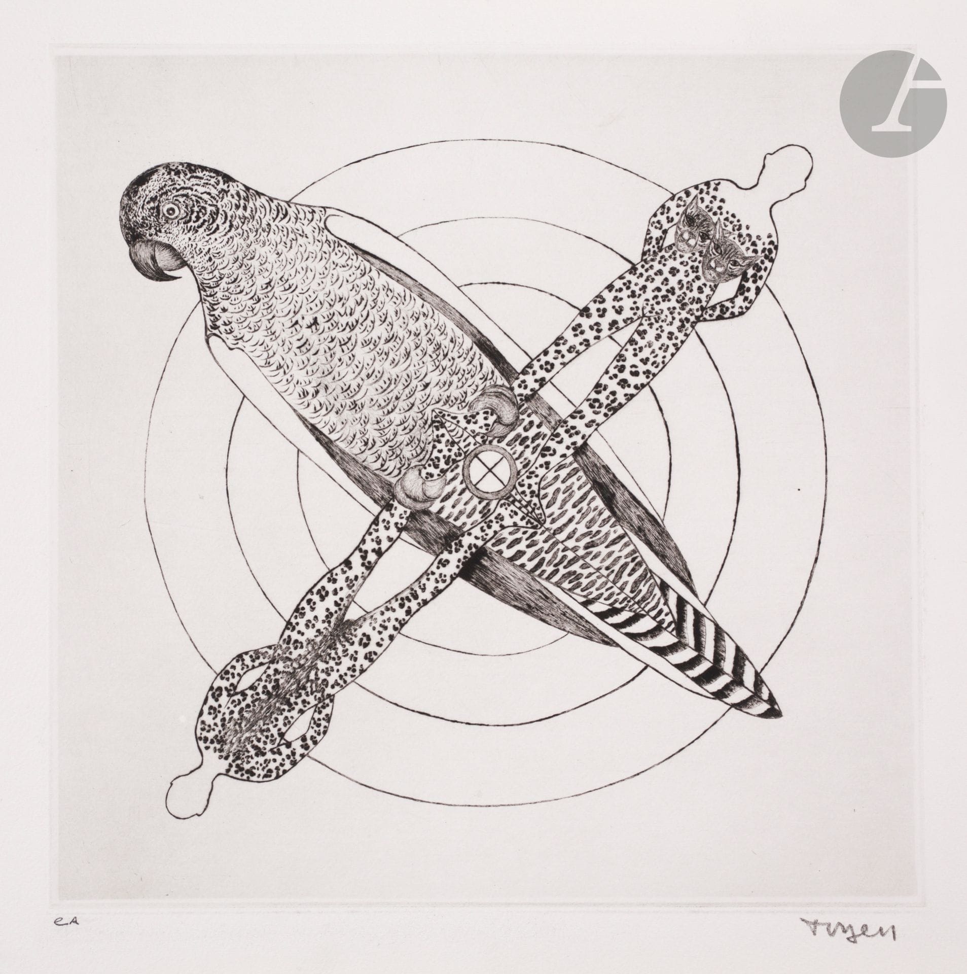 Toyen (Marie Cermínová, dite) (tchèque, 1902 -1980) Toyen – Radovan Ivsic. Tir. Cycle de douze dessins 1939-1940 et deux pointes sèches. 1973. Paris, éd. maintenant, 1973. Un vol. oblong [455 x 340], contenant un poème lettriste de R. Ivsic (graphisme : Roland Sig) sur feuillet de vélin noir à rabats, dédicacé, signé et daté par l’auteur au crayon, 2 gravures à la pointe sèche de Toyen, sur Auvergne Richard de Bas, justifiées « eA » et signées au crayon, et 12 reproductions de ses dessins. Intérieur très frais. Ex. de collaborateur, nominatif (pour Maurice Lallier), à part du tirage à 500 ex. (outre 75 ex. de tête). Emboîtage de basane verte de l’édition orné d’une composition de Toyen vert fluo (légèrement frotté).