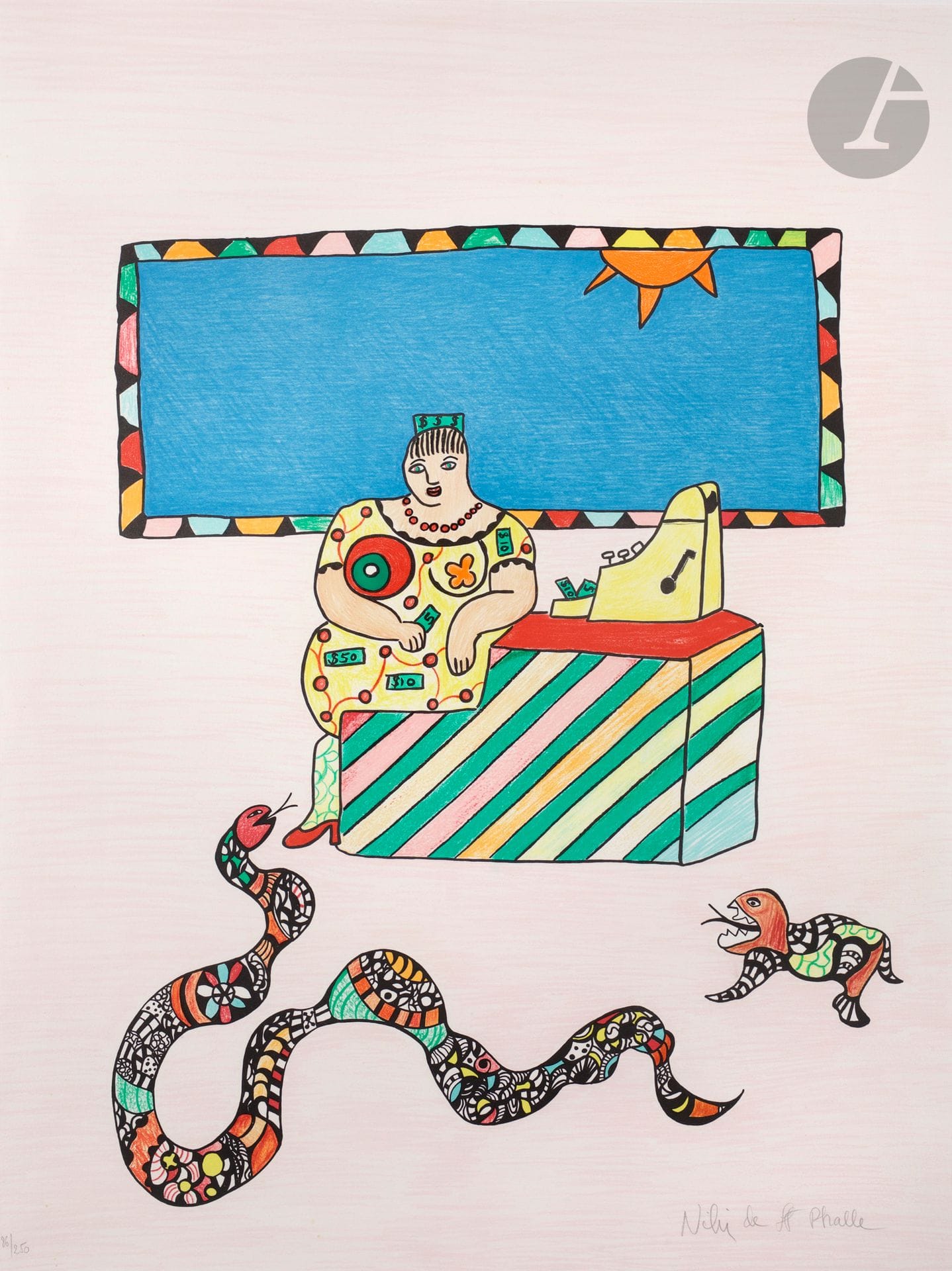 Niki de Saint-Phalle (1930-2002) 
La Marchande. (Pl. pour l’album Méchant-méchant, Paris, La Différence, 1993). Lithographie. À vue : 550 x 740. Impression en couleurs. Très belle épreuve sur vélin, numérotée et signée au crayon. Tirage à 250 épreuves. La Différence éd. Cadre.