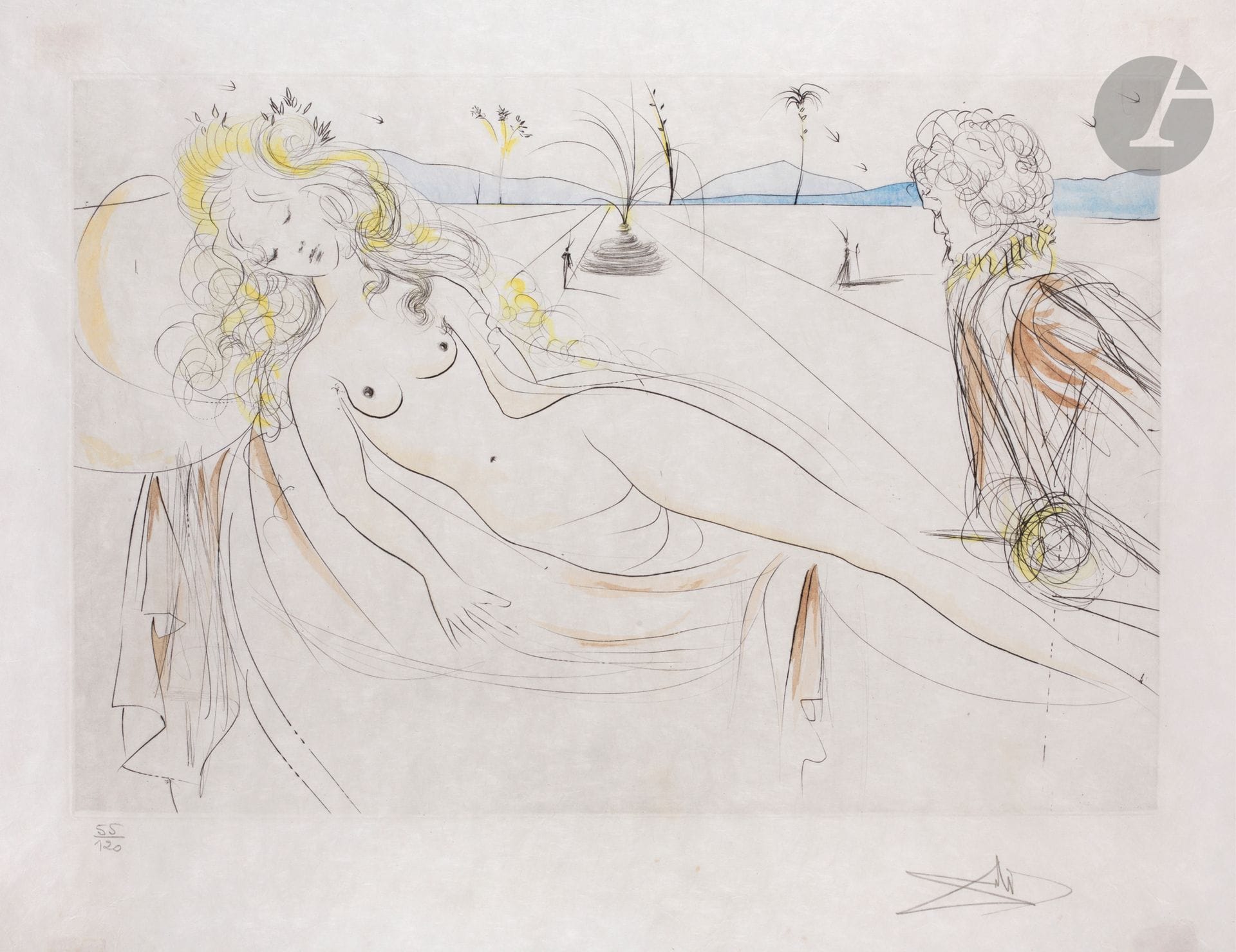 Salvador Dalí (1904-1989) 
Venus with the organ player. (Pl. for New Mythological Suite). 1971. Drypoint and stencil in colors. 580 x 395. Michler and Löpsinger 484. Good proof on japon nacré, numbered and signed in pencil, washed. Many scattered broken folds. Four persistent traces of oxidation (corresponding to old fixings) in the lower and upper margins. All margins. Edition of 120 prints.