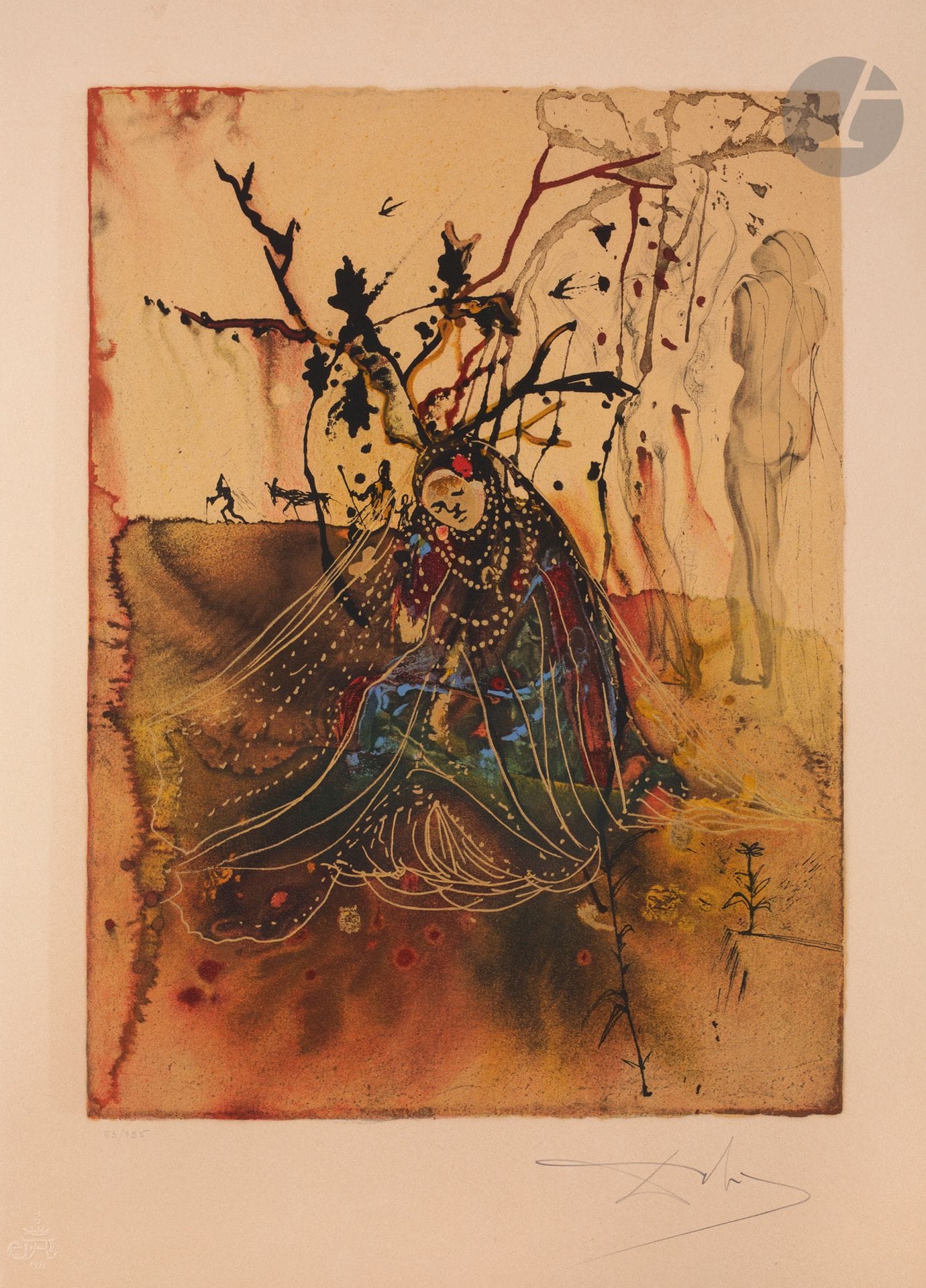 Salvador Dalí (1904-1989) 
L’Automne. (Pl. des Quatre saisons). 1972. Lithographie. 405 x 560. Michler et Löpsinger 1360. Impression en couleurs et à l’encre bronze doré. Belle épreuve sur vélin crème, numérotée et revêtue d’une signature au crayon. Oxydation marquée du feuillet. Toutes marges. Tirage annoncé à 195 épreuves. Les Heures claires éd. Timbre sec de l’artiste avec la date « 1971 ».
