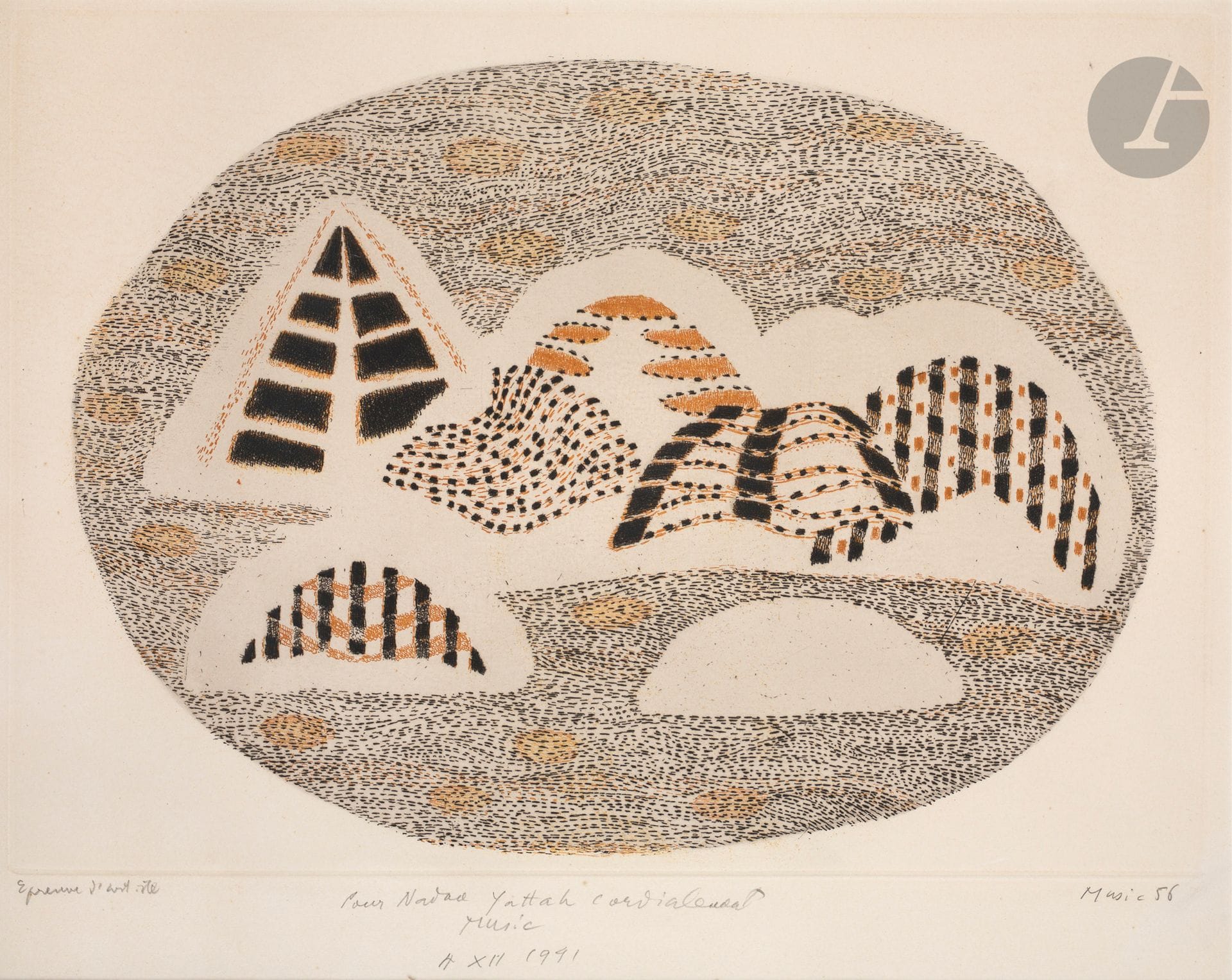 Zoran Mušič (Italian-Slovenian, 1909-2005) 
Sienese landscape. 1956. Etching. Sight: 525 x 408. Frélaut 38, printed in colors. Very nice proof on ivory vellum, justified "Epreuve d'artiste", signed and dated in pencil, then annotated in the center at the foot: "Pour Nadael (?) Yattah, cordialement", signed and dated "4 XII 1991". Slight oxidation at the opening of the mat. Margins. Final edition of 90 prints. L'Œuvre gravée, Zurich, ed. Cadre.