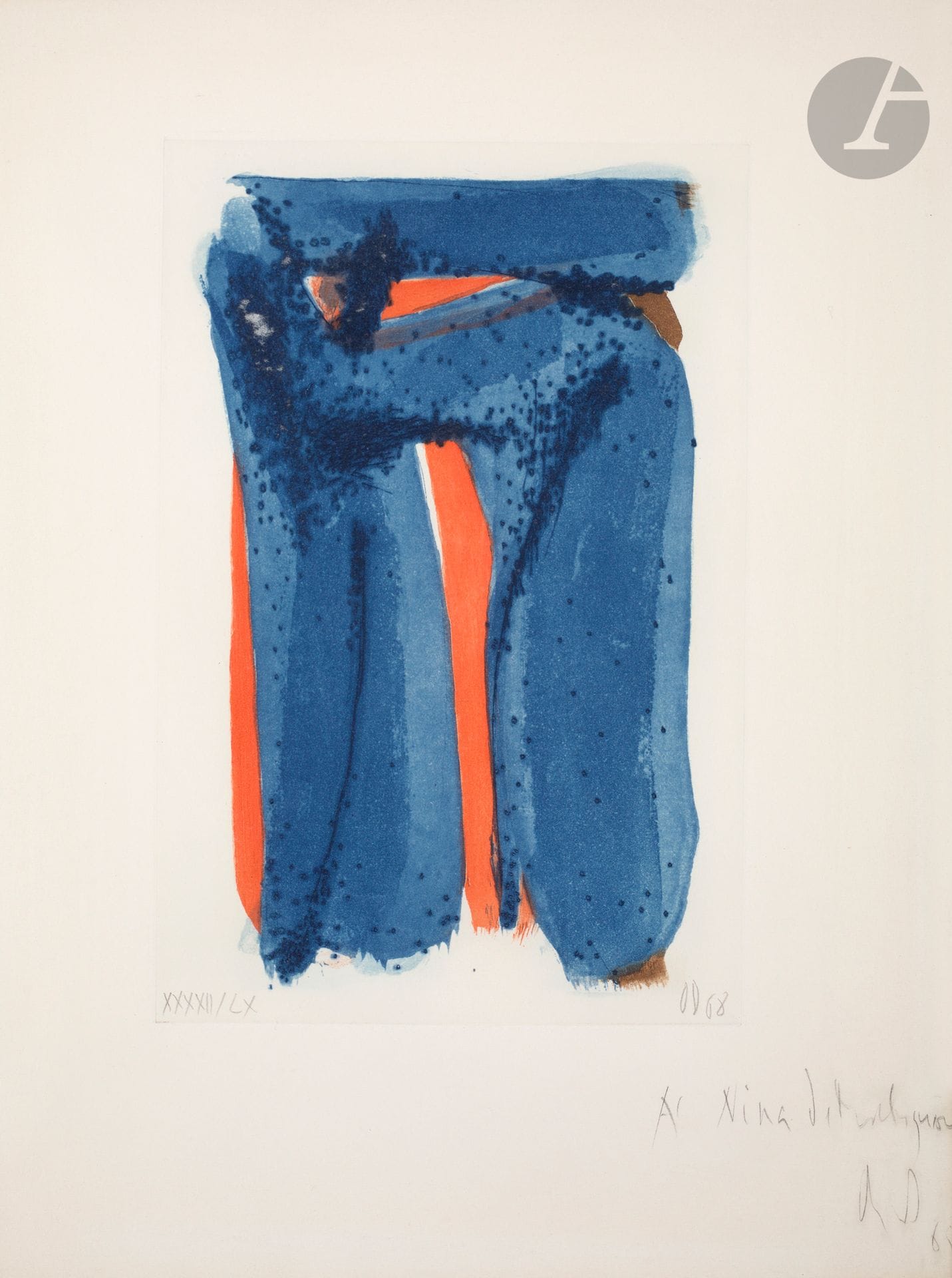 Olivier Debré (1920-1999) 
Signe-personnage. (Pl. pour P. Lepâtre, La Réalité en sa Totalité, Paris, éd. Georges Fall, 1968). Eau-forte et aquatinte. À vue : 270 x 365. Pernoud 80. Impression en couleurs. Belle épreuve sur vélin, l’une des 60 à grandes marges pour les exemplaires de tête, numérotée en chiffres romains, dédicacée, signée des initiales et datée au crayon. Légère insolation du feuillet. Marges.