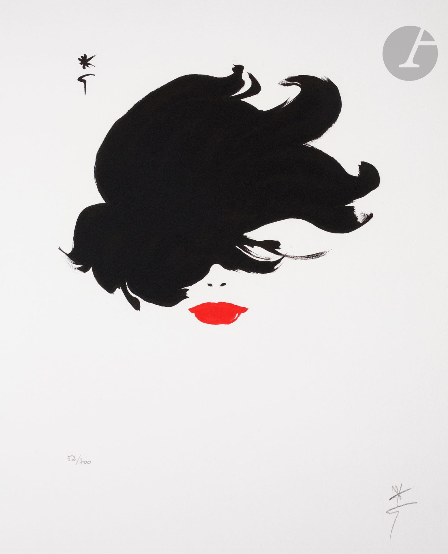 René Gruau (Renato Zavagli-Ricciardelli delle Caminate, dit) (1909-2004) 
Dior. Rouge baiser, cheveux au vent. 1960. Lithographie. La feuille : 480 x 590. Impression en couleurs. Parfaite épreuve sur vélin blanc, numérotée et signée au crayon. Toutes marges. Tirage à 700 épreuves. Timbre sec : Mourlot Paris.