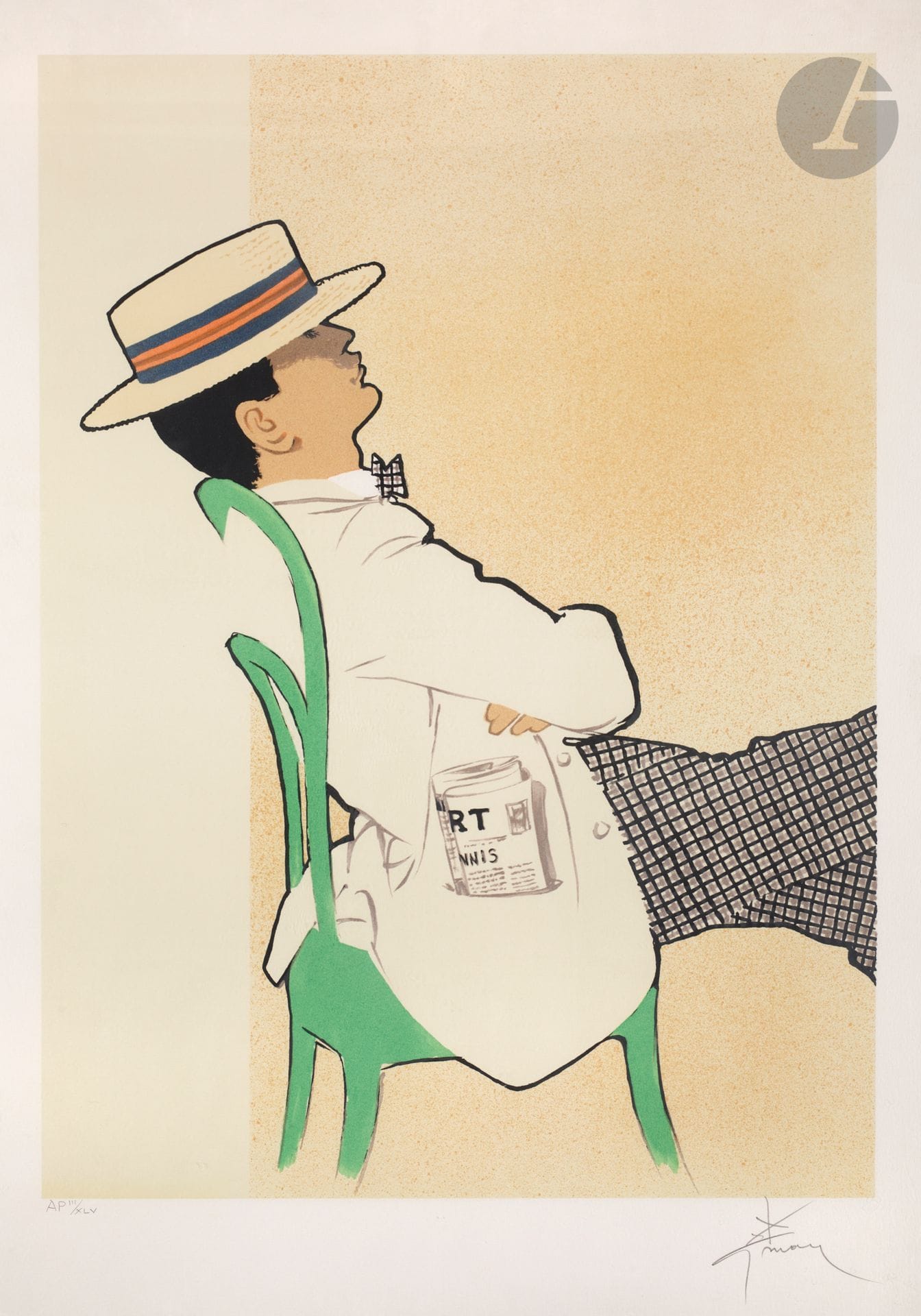René Gruau (Renato Zavagli-Ricciardelli delle Caminate, dit) (1909-2004) 
Homme au canotier endormi sur sa chaise. Lithographie. À vue : 500 x 700. Impression en couleurs. Très belle épreuve sur vélin blanc, revêtue d’une justification et signée au crayon. Toutes marges. Cadre.