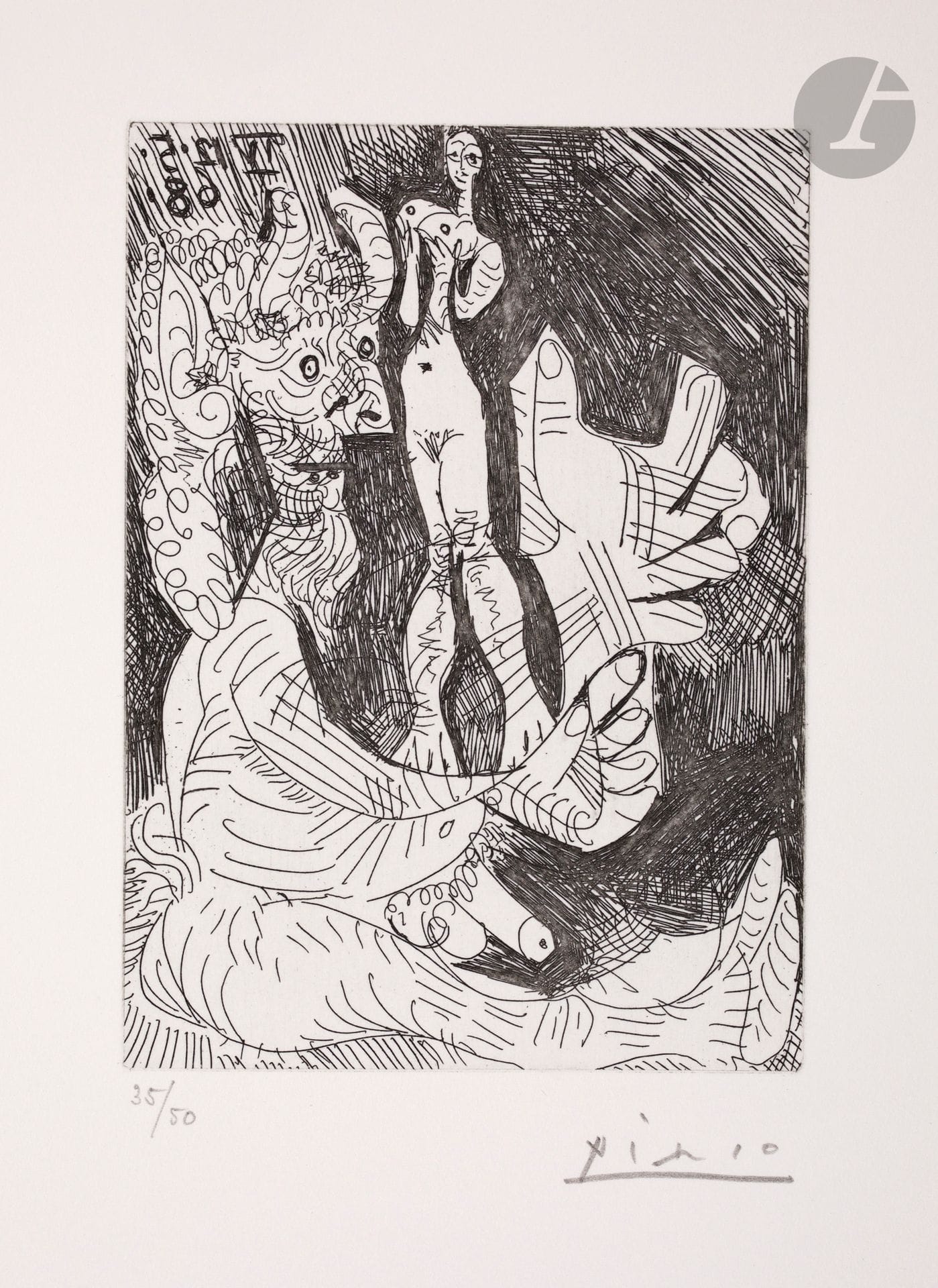 Pablo Picasso (1881-1973) 
Vieux faune avec une poupée vivante. (Les 347, pl. 78). 12 mai 1968. Eau-forte. 90 x 122 [250 x 327]. Bloch 1558 ; Baer 1574 B b 1. Parfaite épreuve sur vélin crème, numérotée et signée au crayon. Toutes marges non ébarbées. Tirage à 50 épreuves. Galerie Louise Leiris éd. (1969).


© Succession Picasso 2023