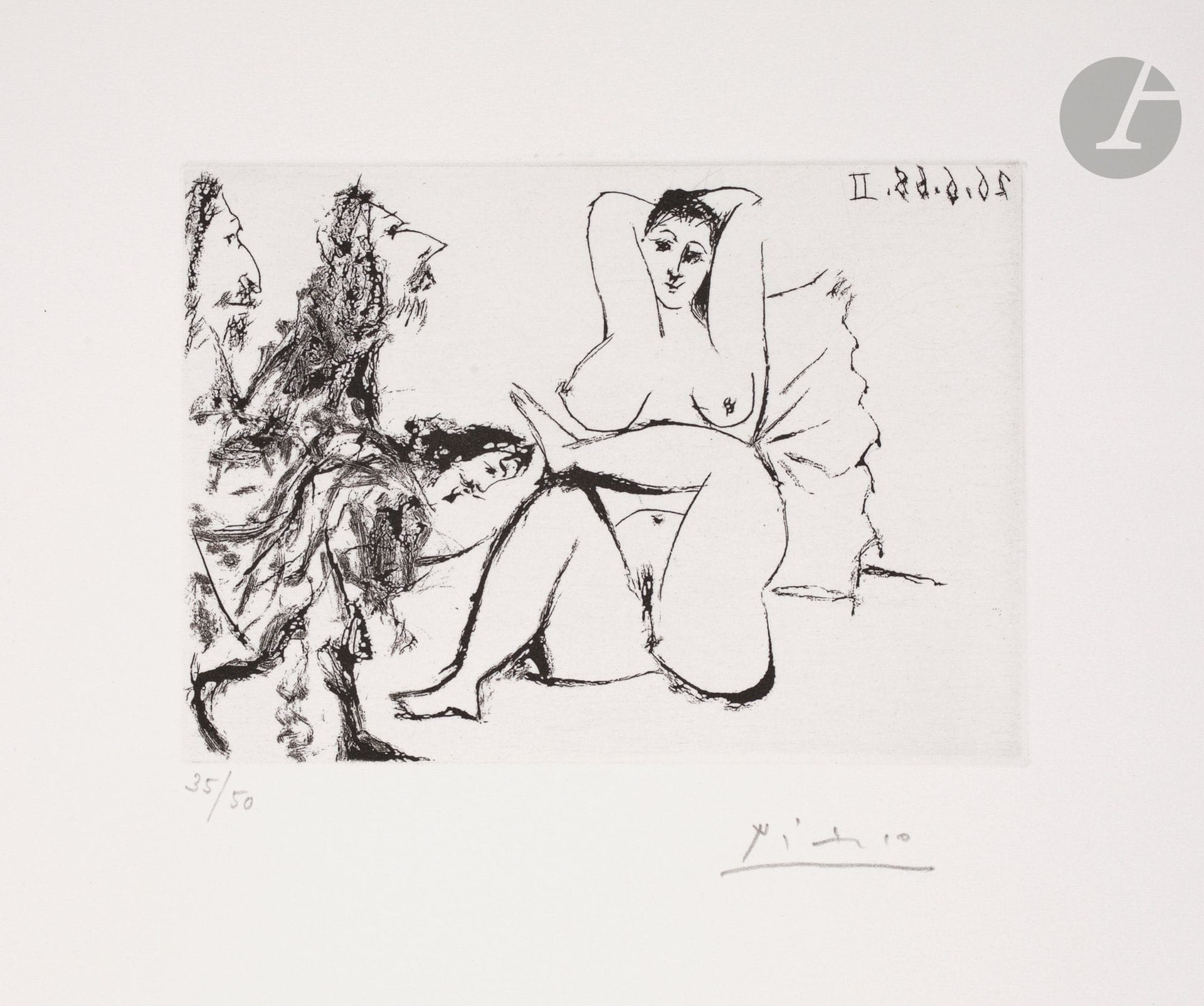 Pablo Picasso (1881-1973) 
Trois mousquetaires saluant une femme au lit. (Les 347, pl. 189). 26 juin 1968. Aquatinte au sucre. 122 x 90 [325 x 250]. Bloch 1669 ; Baer 1685 B b 1. Parfaite épreuve sur vélin crème, numérotée et signée au crayon. Toutes marges non ébarbées. Tirage à 50 épreuves. Galerie Louise Leiris éd. (1969).


© Succession Picasso 2023