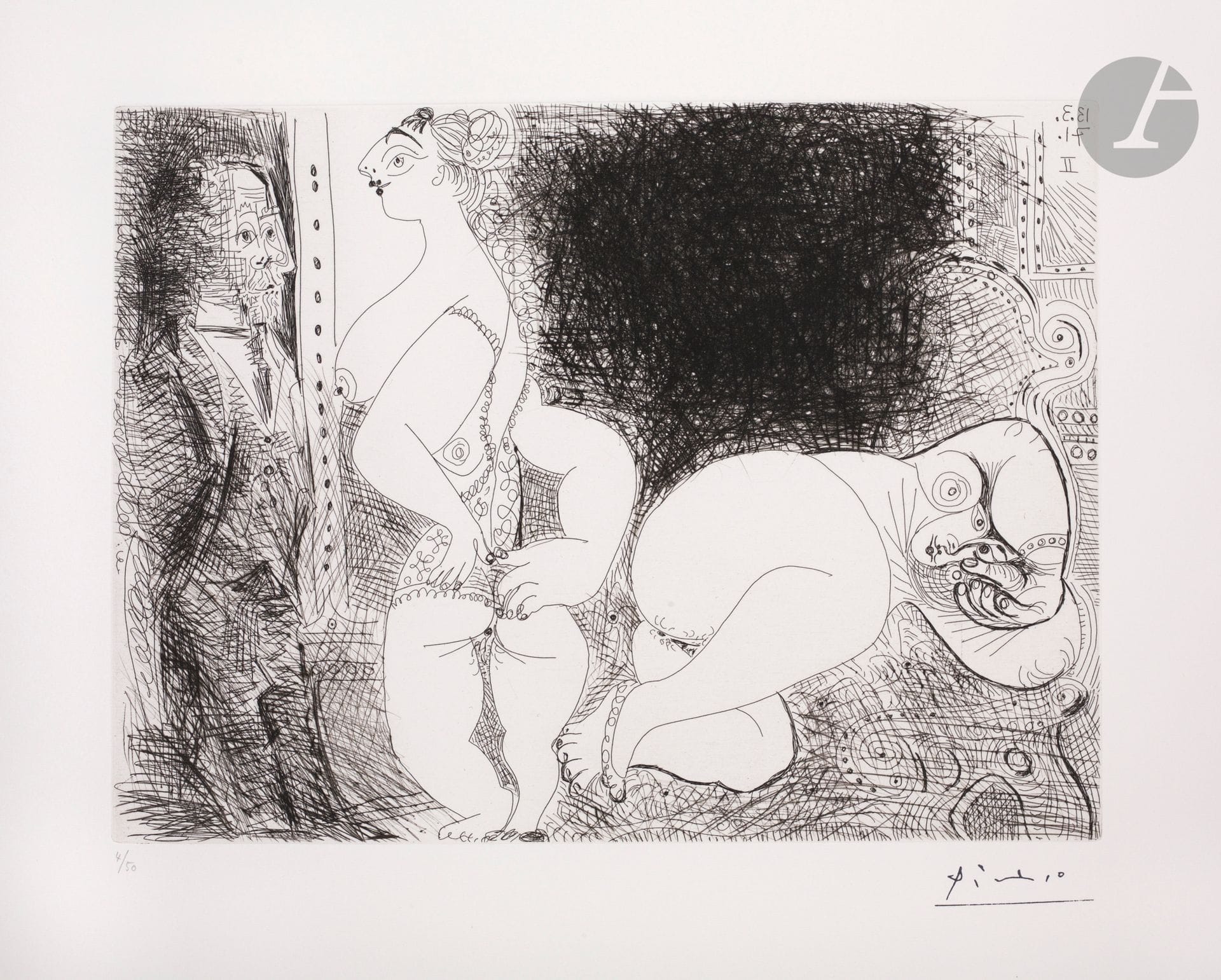 Pablo Picasso (1881-1973) 
Girls at Rest, with a Dreaming Degas (Les 156, pl. 82). March 13, 1971. Etching and drypoint. 302 x 228 [450 x 362]. Bloch 1937; Baer II 1946 B a. Perfect proof on cream vellum, numbered and stamped with the signature (Lugt 2026e). All margins untrimmed. Edition of 50 proofs. Galerie Louise Leiris éd. 1978.


Succession Picasso 2023