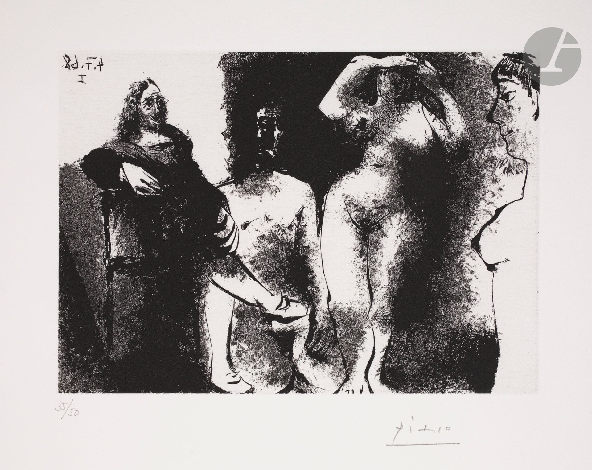 Pablo Picasso (1881-1973) 
Homme rembranesque assis chez les filles. (Les 347, pl. 199). 4 juillet 1968. Aquatinte au sucre. 208 x 147 [345 x 285]. Bloch 1679 ; Baer 1695 B b 1. Parfaite épreuve sur vélin crème, numérotée et signée au crayon. Toutes marges non ébarbées. Tirage à 50 épreuves. Galerie Louise Leiris éd. (1969).


© Succession Picasso 2023