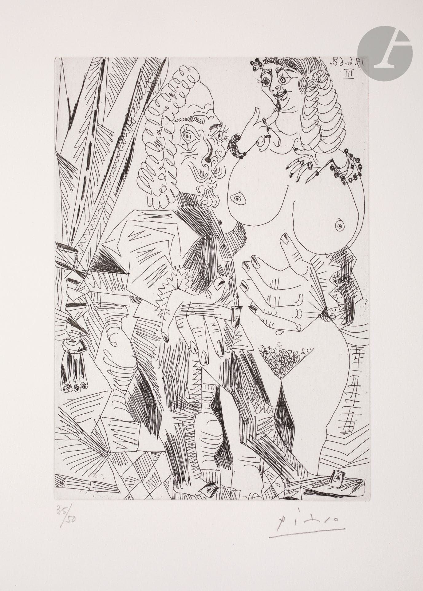 Pablo Picasso (1881-1973) 
Grosse courtisane et vieux beau. (Les 347, pl. 165). 19 juin 1968. Eau-forte. 148 x 209 [285 x 348]. Bloch 1645 ; Baer 1661 B b 1. Parfaite épreuve sur vélin crème, numérotée et signée au crayon. Toutes marges non ébarbées. Tirage à 50 épreuves. Galerie Louise Leiris éd. (1969).


© Succession Picasso 2023