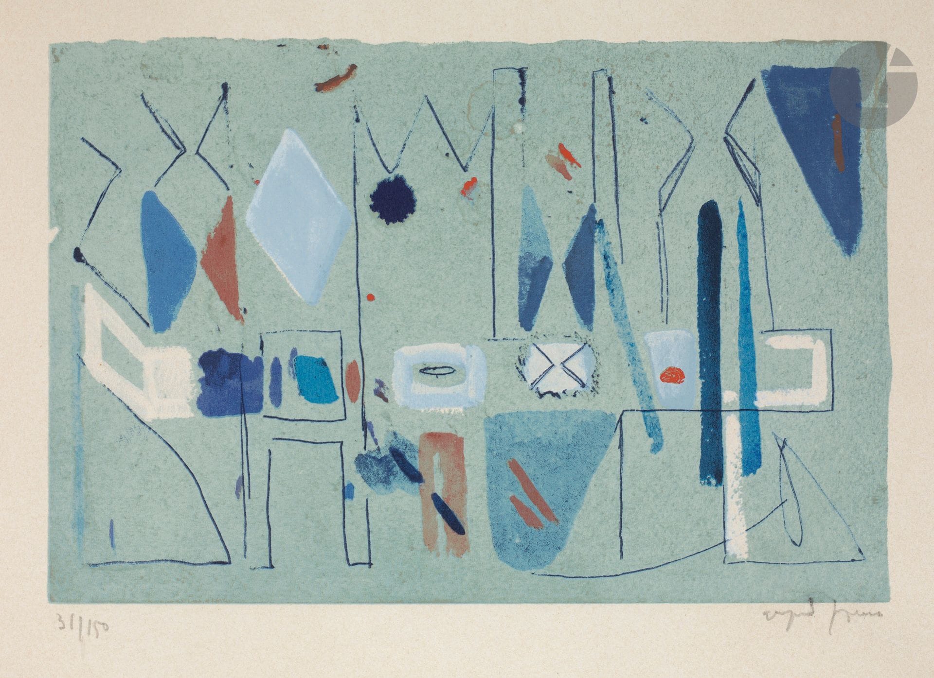 Árpád Szenes (français d’origine hongroise) (1897-1985) 
Banquet. Vers 1982. Sérigraphie en couleurs d’après une toile de l’artiste. À vue : 363 x 268. Impression en couleurs. Belle épreuve sur vélin crème, numérotée et signée au crayon. Légère insolation du feuillet. Marges. Tirage à 150 épreuves. Cadre.