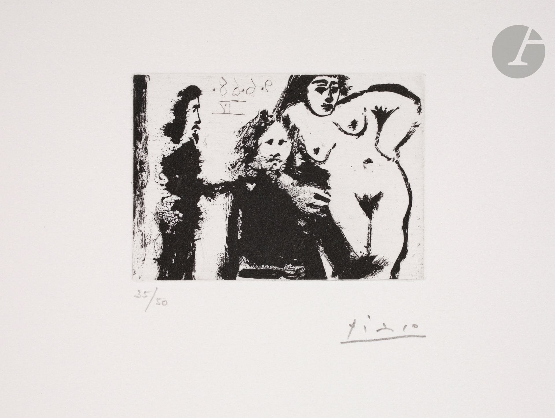 Pablo Picasso (1881-1973) 
 "My God, what a man, how small he is". (The 347, pl. 149). June 9, 1968. Sugar aquatint. 84 x 60 [32 x 250]. Bloch 1629; Baer 1645 B b 1. Perfect proof on cream vellum, numbered and signed in pencil. All margins untrimmed. Edition of 50 proofs. Galerie Louise Leiris ed. 1969.


Succession Picasso 2023