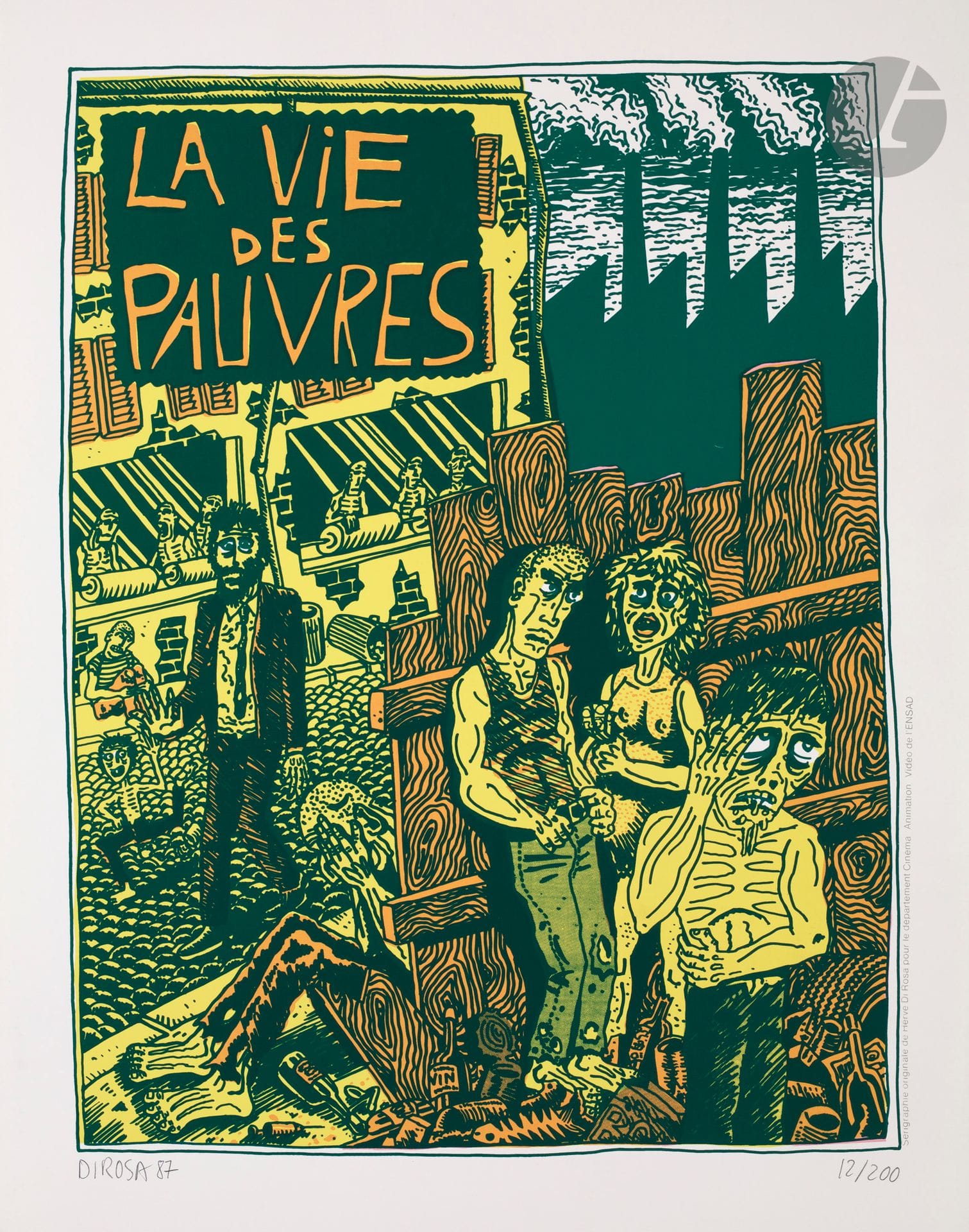 Hervé di Rosa (né en 1959) 
La Vie des pauvres. Affiche pour le département Cinéma Animation Vidéo de l’ENSAD. 1987. Sérigraphie en couleurs. La feuille : 510 x 700. Très belle épreuve sur vélin blanc fort, signée, datée et numérotée au crayon. Petit corps étranger brun collé en marge supérieure droite. Toutes marges. Tirage à 200 épreuves.