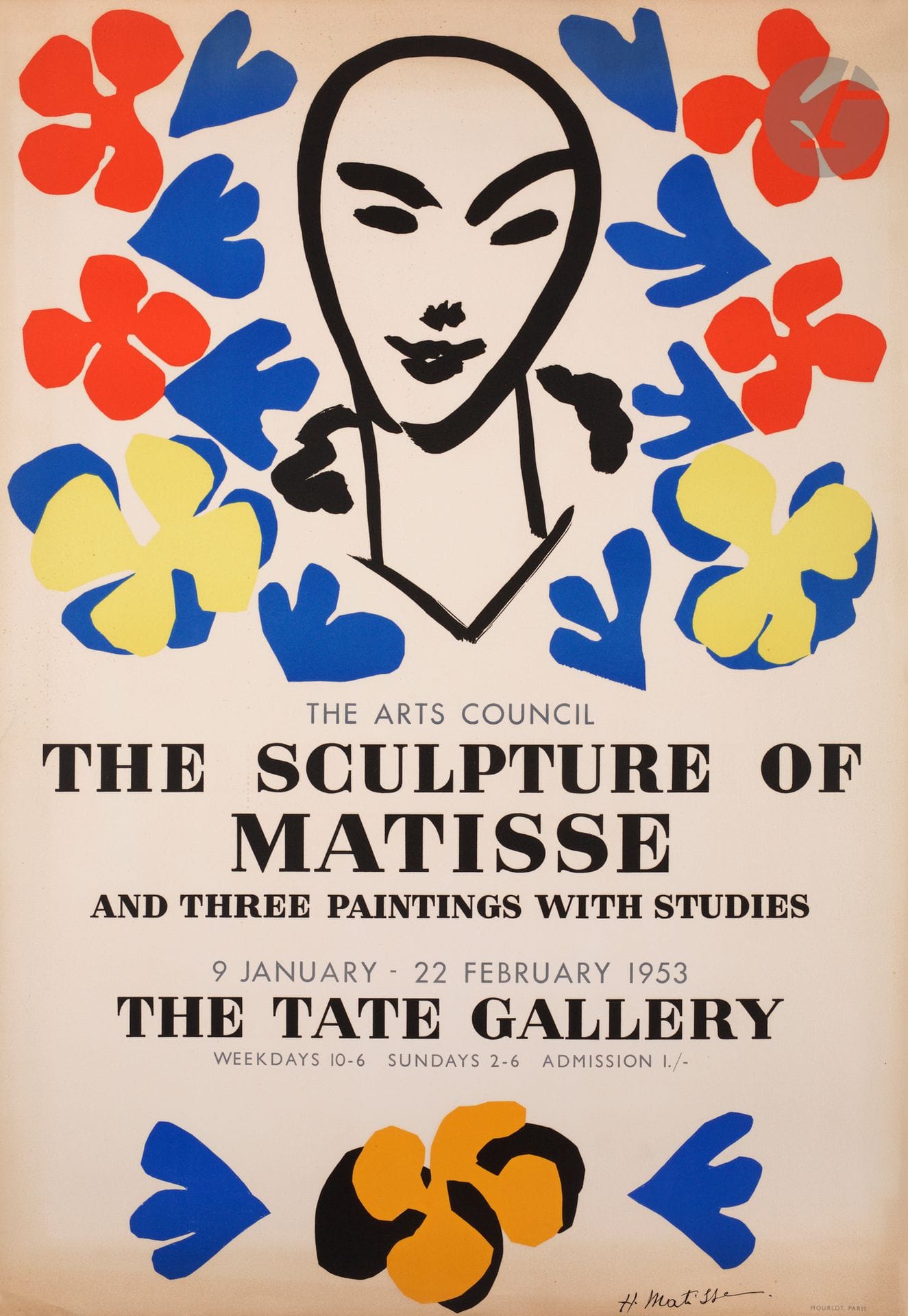 Henri Matisse (1869-1954) 
The Sculpture of Matisse and three Paintings with Studies. Affiche pour une exposition à la Tate Gallery. 1953. Lithographie par Mourlot. La feuille : 521 x 760. Impression en couleurs. Belle épreuve sur vélin. Trace d’oxydation et quelques plis aux bords du feuillet. Petit manque dans l’angle inférieur gauche.