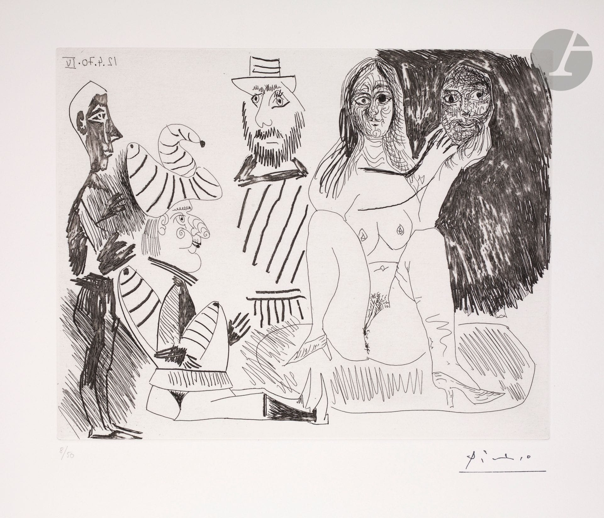 Pablo Picasso (1881-1973) 
Femme nue montrant un masque masculin, polichinelle, jeune homme et autoportrait au canotier. (Les 156, pl. 34). 12 avril 1970. Eau-forte. 275 x 218 [450 x 375]. Bloch 1889 ; Baer 1895 B a. Parfaite épreuve sur vélin crème, numérotée et revêtue du timbre de la signature (Lugt 2026e). Toutes marges non ébarbées. Tirage à 50 épreuves. Galerie Louise Leiris éd. (1978).


© Succession Picasso 2023